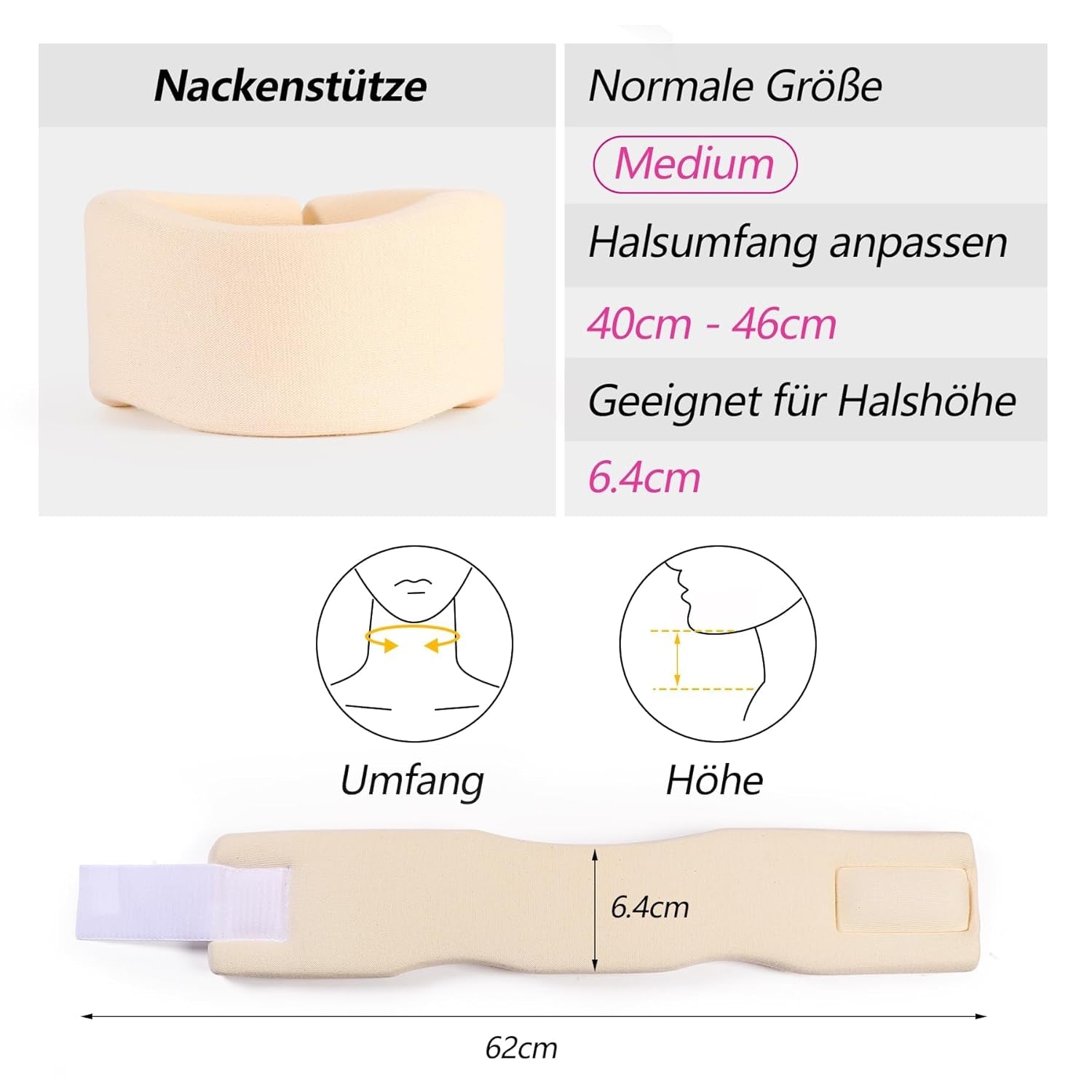 RESTCLOUD Supporto per il collo in morbida schiuma, Collare universale, Supporto per il collo regolabile per il sonno - Allevia il dolore al collo (Bianco, Collare profondo 6,4 cm, M) Cuscini ortopedici cervicali Naty Shop