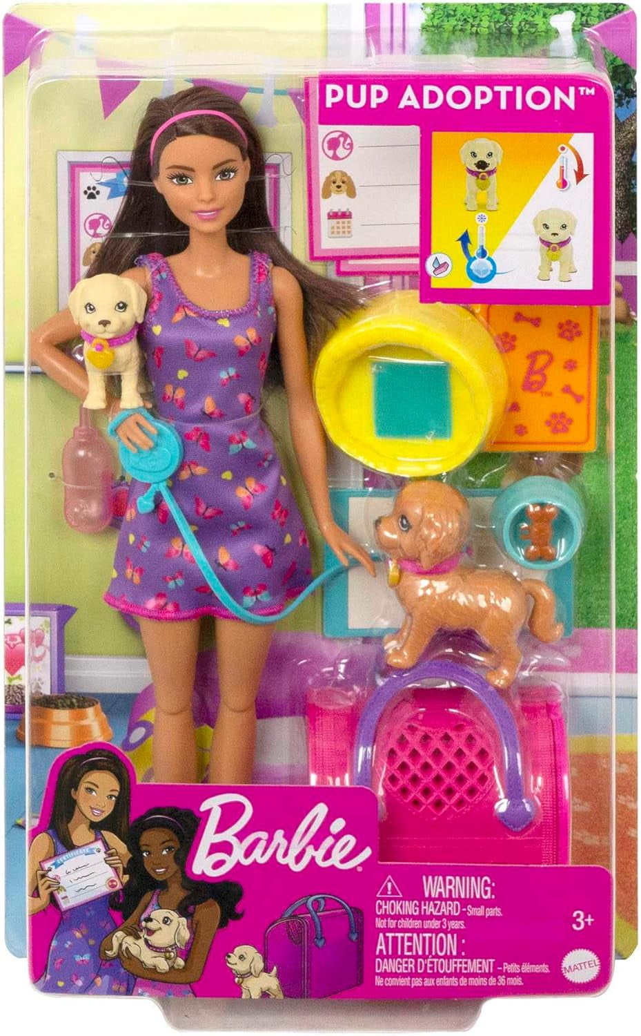Barbie Puppy Adozione - Bambola e 2 cuccioli, con certificati di adozione, effetto cambio colore, gabbia e accessori, per bambini dai 3 anni in su, HKD 86