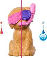 Barbie Puppy Pool Party Playset con bambola alla moda, cuccia e scivolo, piscina a forma di cuore, 2 personaggi di cani, 6 accessori e cambia colore, JBF35