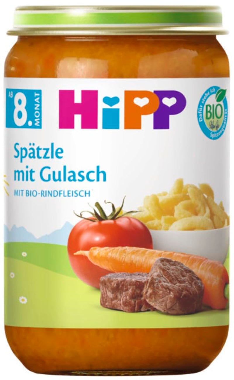 HiPP Spätzle con gulasch (6 x 220g), pasto a partire da 8 mesi, senza sale aggiunto, con Omega-3, migliore qualità biologica