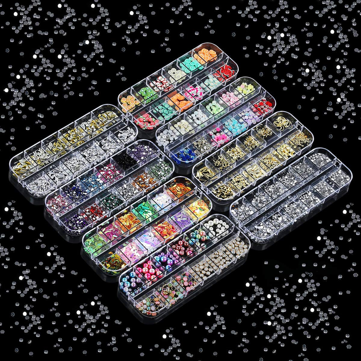 8 Boxen Nail Art Strass Kit - Nail Art Gemischt Strass Set, Nagel Kunst Strasssteine ​​​​Gems Perlen Edelsteine ​​​​Bunt Pferdeaugen Strass Für Nageldesign Zubehör Con 1 Pinzetten e 1 Strass Picker Für DIY