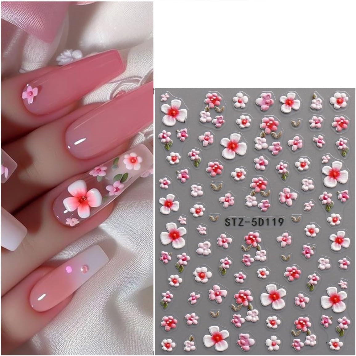 JMEOWIO 3D Nagelsticker Blume Nail Art Sticker Self-klebend Nagelaufkleber 5D Stereoscopico Frühling Sommer Floral Dekoration Nageldesign Zubehör 4 Blatt