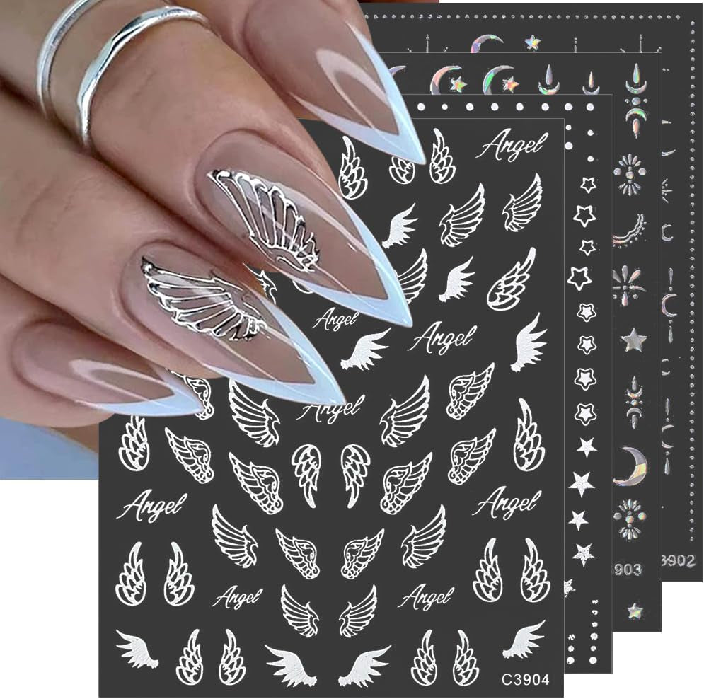 8 fogli Luna e stelle dorate Adesivi per nail art Ali d'angelo Adesivi per unghie color oro marrone chiaro Stelle Foil per unghie Adesivi autoadesivi per unghie Accessori per il design delle unghie Adesivi per unghie