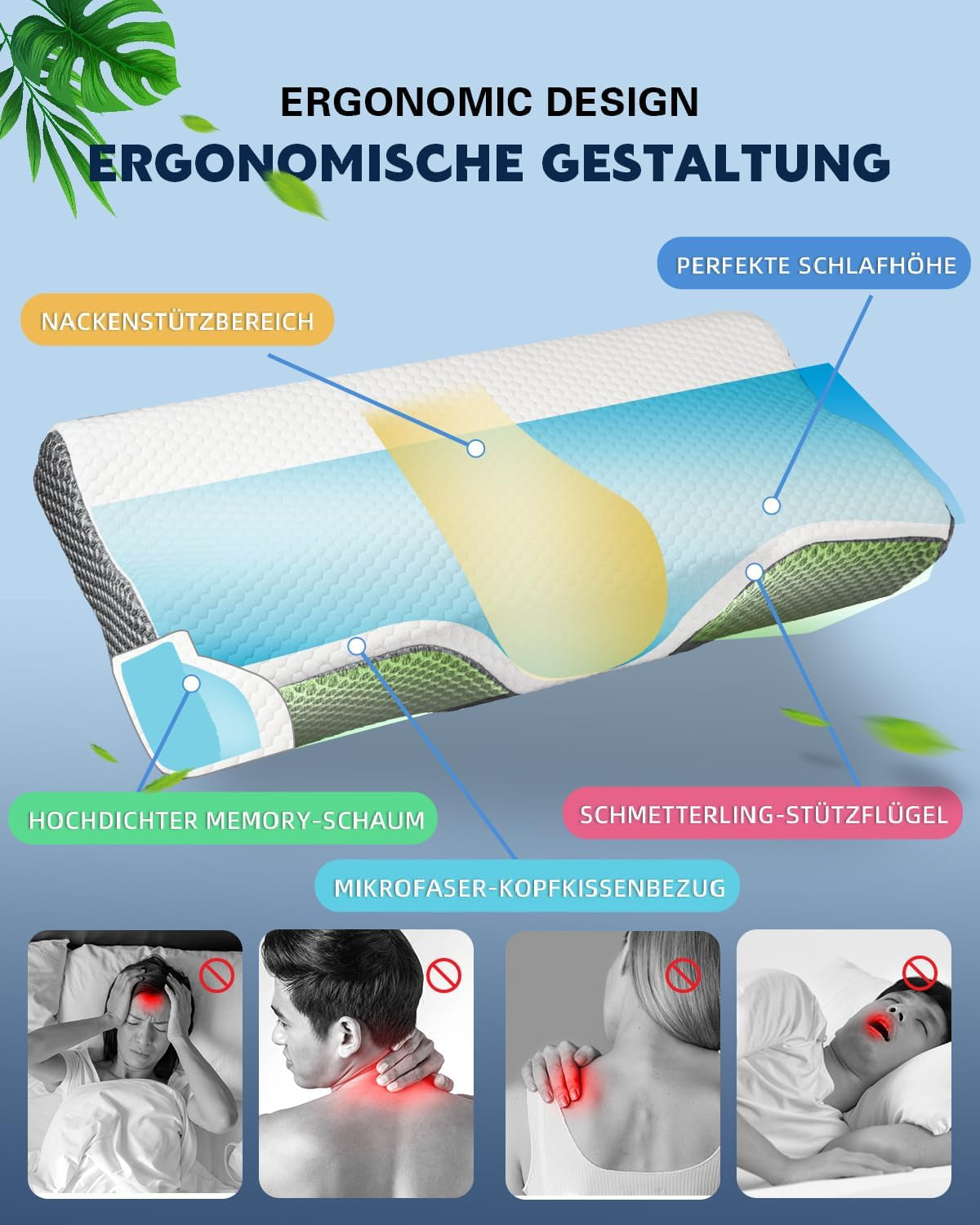 Cuscino IDEA, Cuscino ortopedico ergonomico per dolori al collo, Cuscino in memory foam per chi dorme sul fianco, sulla schiena e sull'addome, Cuscino antirussamento per uomini e donne (62 * 34,5 * 12/8 CM) Cuscini ortopedici cervicali Naty Shop