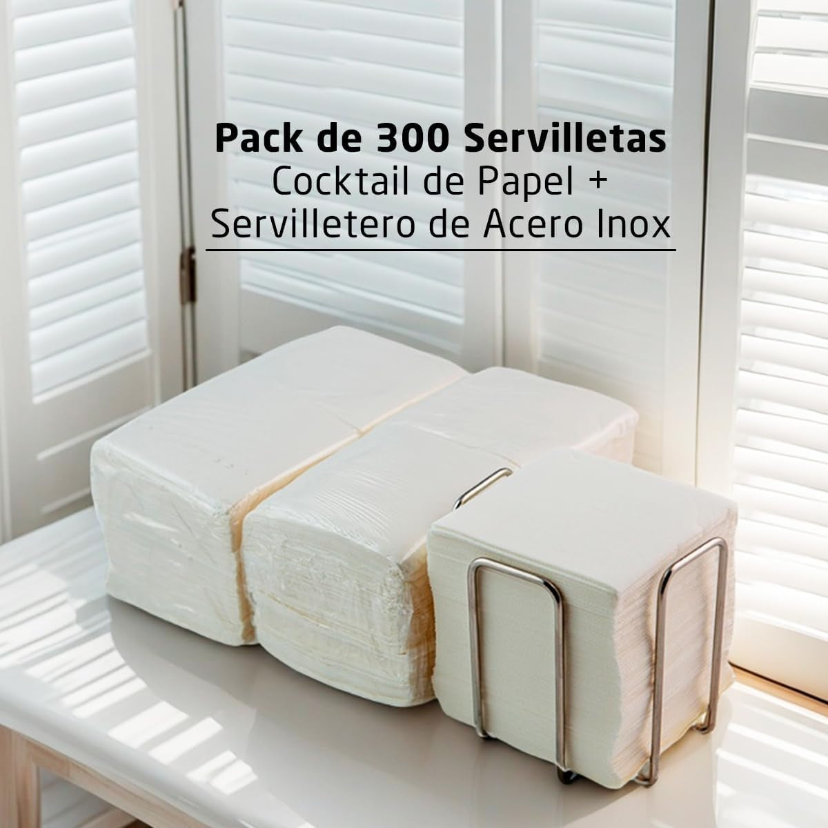 Confezione da 300 tovaglioli di carta da cocktail bianchi + porta tovaglioli in acciaio inox con trama a micro punti assorbente spesso 10 x 10 cm piegati insieme