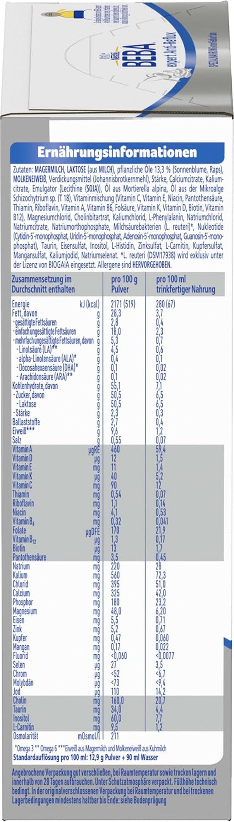 BEBA expert Anti-Reflusso - AR Formula speciale dalla nascita, per aumento di eruttazione e vomito, alimenti per l'infanzia, latte in polvere per bambini, 1 confezione (1 x 500 g)