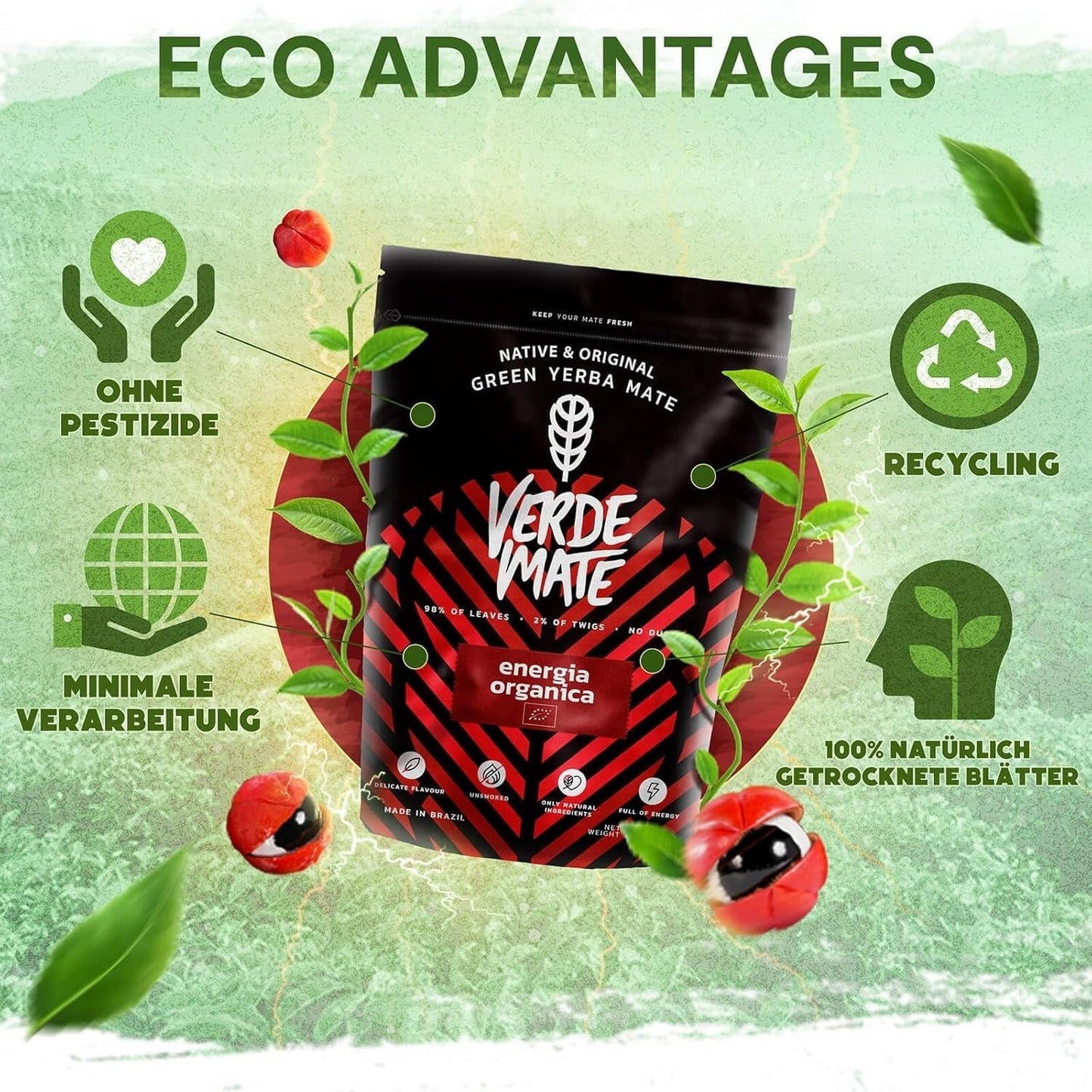 Green Mate Green Organica Energia Guaranà 500G | Tè Yerba Mate biologico dal Brasile | Contenuto di caffeina naturale | Tè Mate biologico