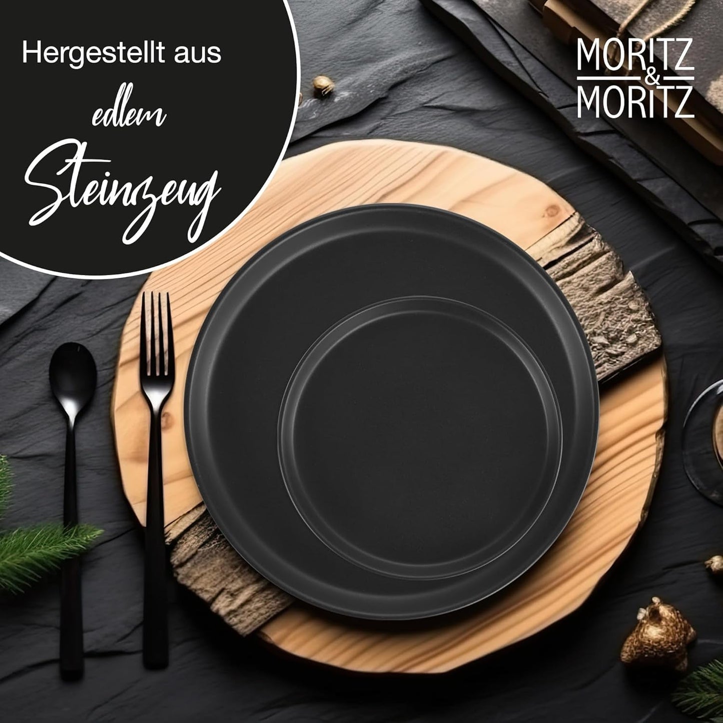 Moritz & Moritz NORDIC Servizio Piatti per 6 Persone - Servizio Piatti in Gres Nero da 18 Pezzi - Design Scandinavo - Robusto Servizio Piatti per 6 Persone per l'Uso Quotidiano e per gli Ospiti - Set Piatti Combinato
