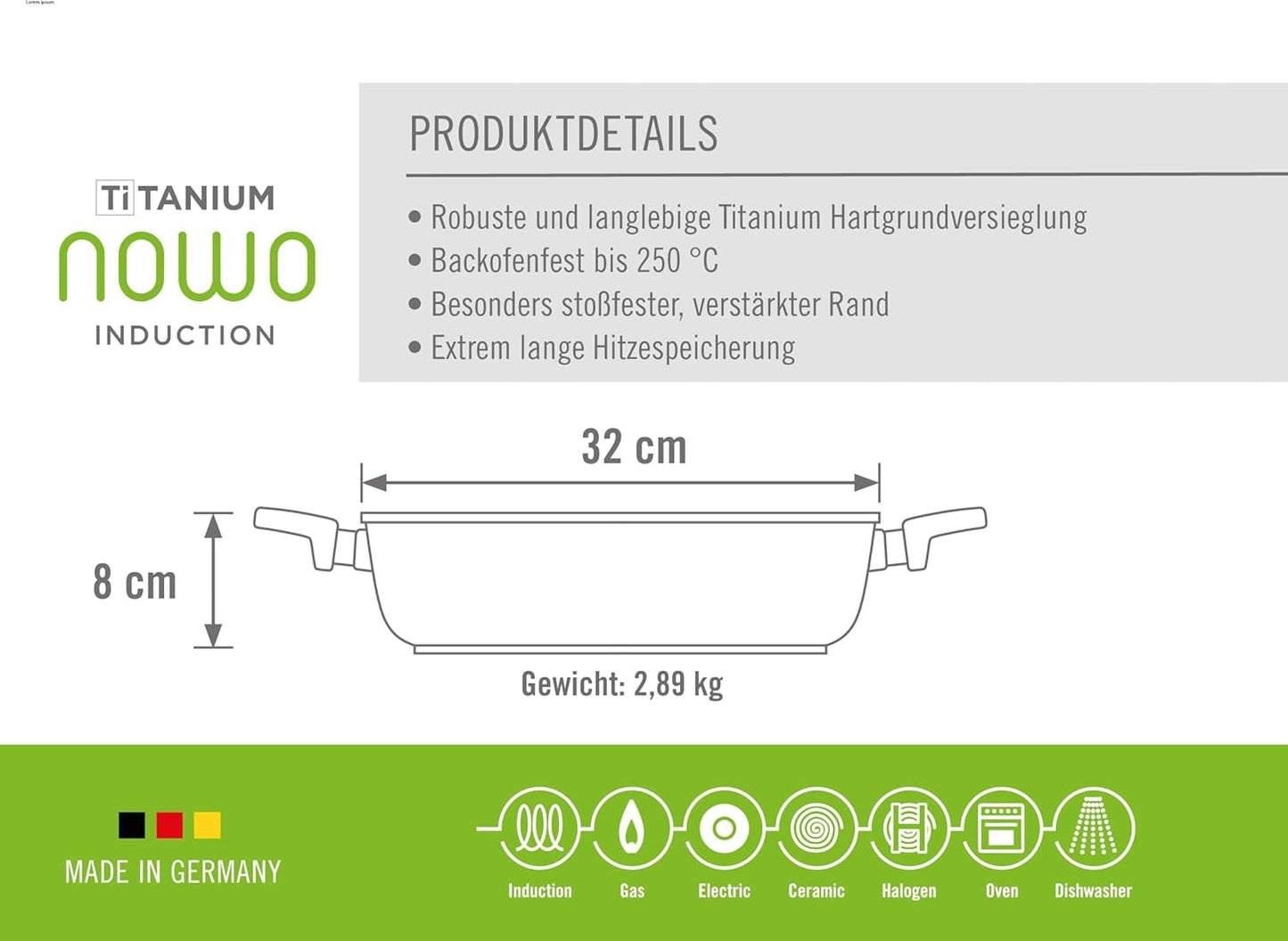 Woll Nowo Titanium Kasserole - Induktiv -, Ø 32 Cm, 8 Cm Hoch, 5.5 Liter, Mit 2 Seitengriffen - Geeignet Für Alle Herdarten Stampi e vassoi per la cottura Naty Shop