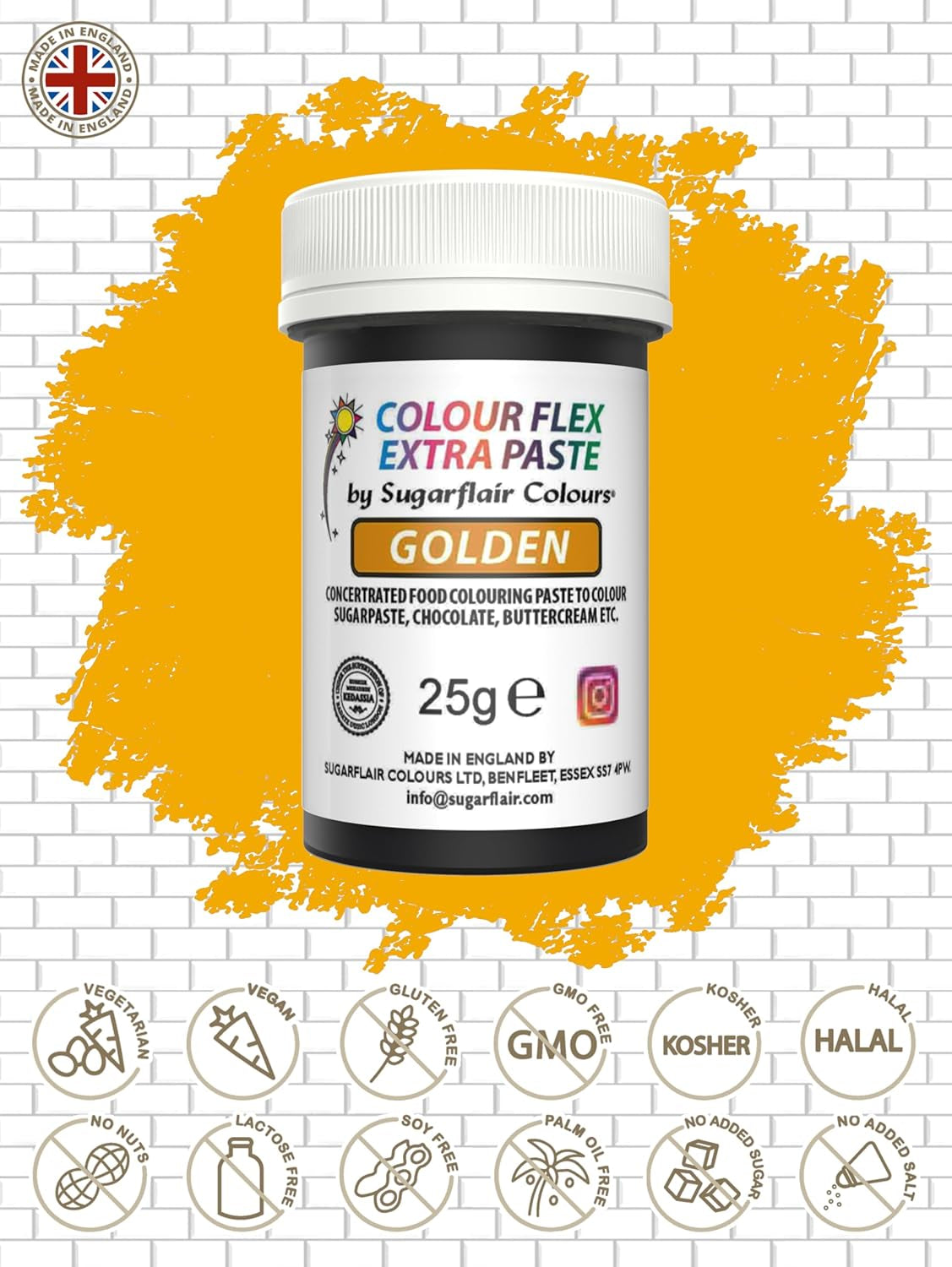 Pasta colorante alimentare Sugarflair Colourflex Extra Paste Golden - Colorante alimentare commestibile per crema al burro, cioccolato, pasta di zucchero, glassa, fondente, miscele per torte, impasti e altro - 25 g