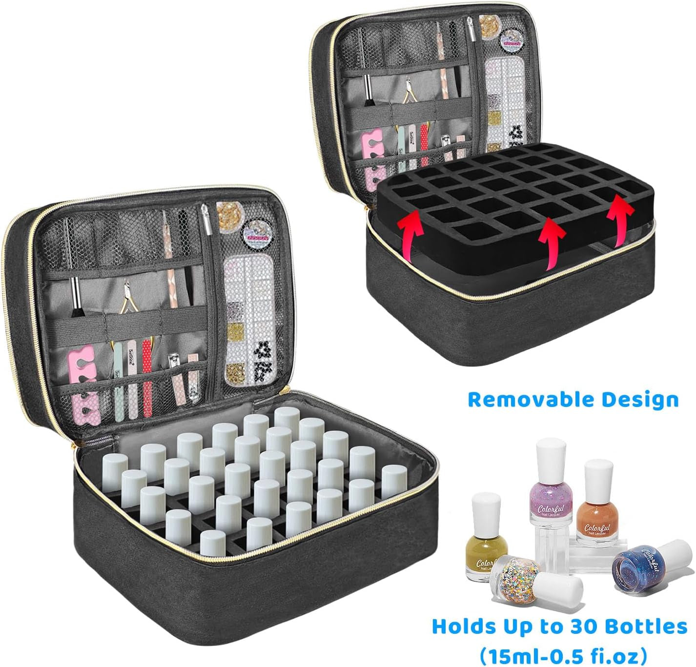 Tasche organizer per smalto per unghie, scatola portaoggetti per smalto per unghie doppia, borsa organizer per cosmetici per design cosmetico per 30 bottiglie di base Neonail (15 ml-0,5 fl.oz) e 1 lampada per unghie (nero)