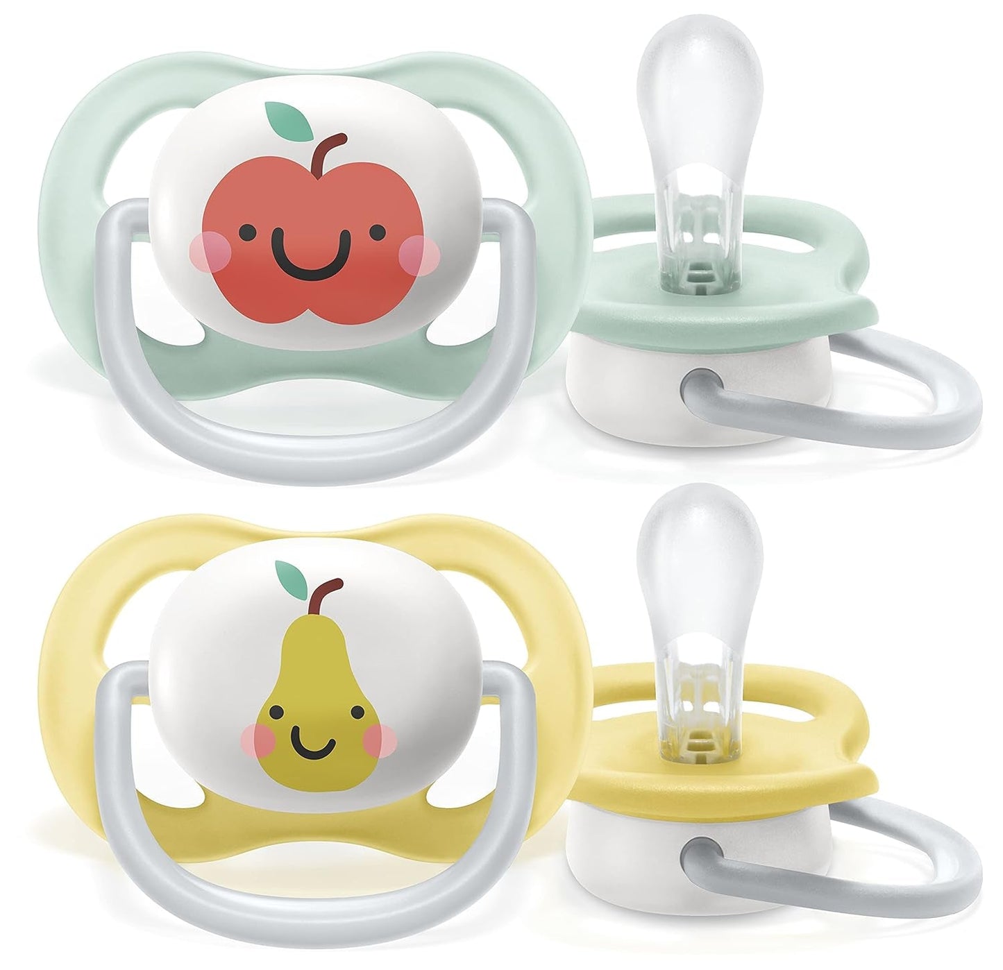 Succhietto Philips AVENT ultra air - confezione da 2, senza BPA, traspirante, per bambini da 0 a 6 mesi, inclusa custodia per il trasporto e sterilizzazione, mela/pera (modello SCF080/17)