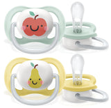 Succhietto Philips AVENT ultra air - confezione da 2, senza BPA, traspirante, per bambini da 0 a 6 mesi, inclusa custodia per il trasporto e sterilizzazione, mela/pera (modello SCF080/17)