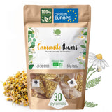 ORIGEENS Tisana ai fiori di camomilla biologica dall'Europa, 100 g | Tè sfuso, tè biologico per il sonno e la digestione | Camomilla tedesca | Certificato e confezionato in Germania