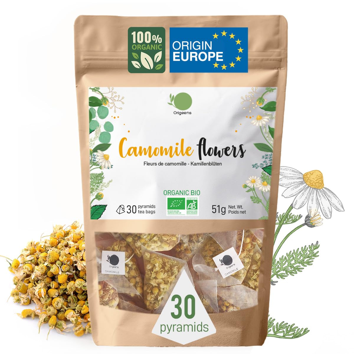 ORIGEENS Tisana ai fiori di camomilla biologica dall'Europa, 100 g | Tè sfuso, tè biologico per il sonno e la digestione | Camomilla tedesca | Certificato e confezionato in Germania