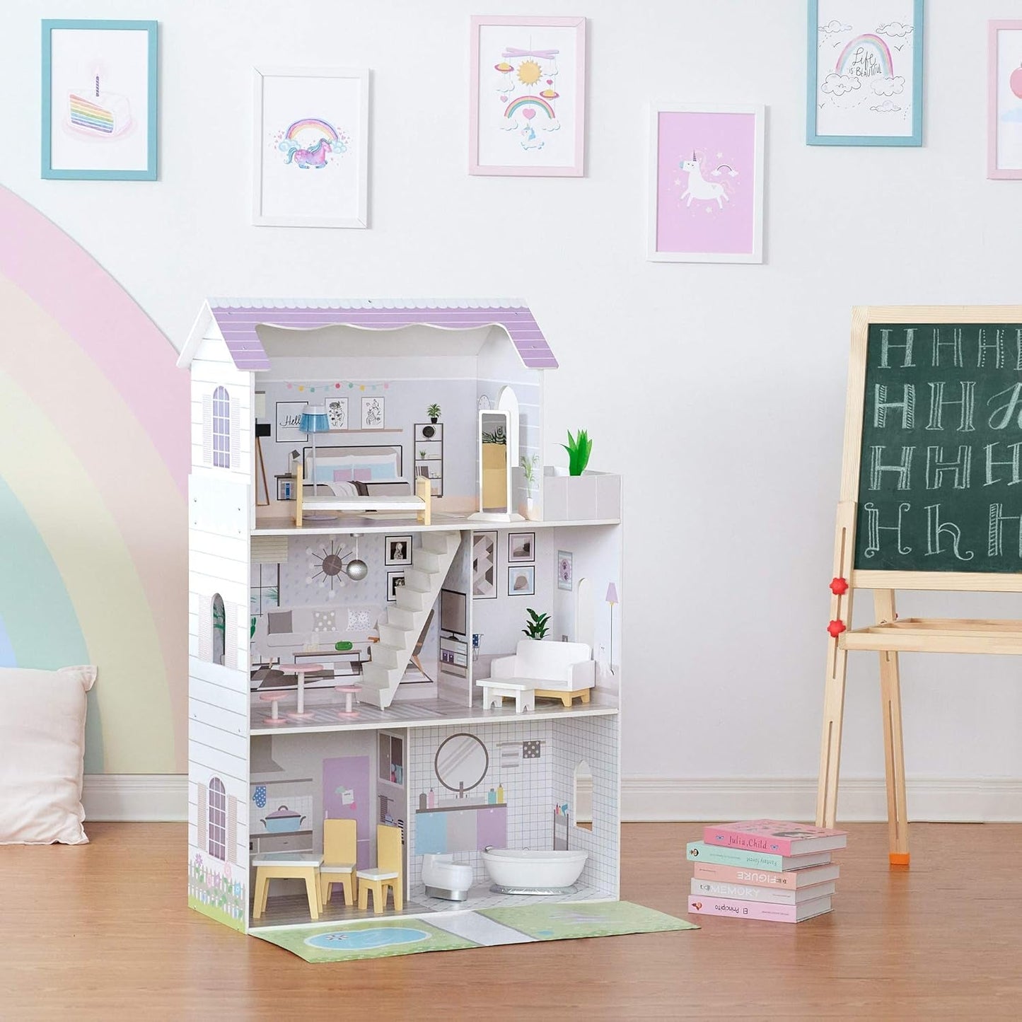 Teamson Kids Casa delle bambole gigante Olivia's Little World con 16 accessori per bambole, casa delle bambole in legno con mobili, casa delle bambole a 3 piani, 30 cm, per bambini, dai 3 anni in su