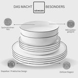 SANGER | Set di stoviglie Marlo Black and White Edge, set di stoviglie in porcellana da 18 pezzi per 6, bianco con accenti neri, piatti piani, piatti da dessert e ciotole, design moderno | LA COLLEZIONE PREMIUM