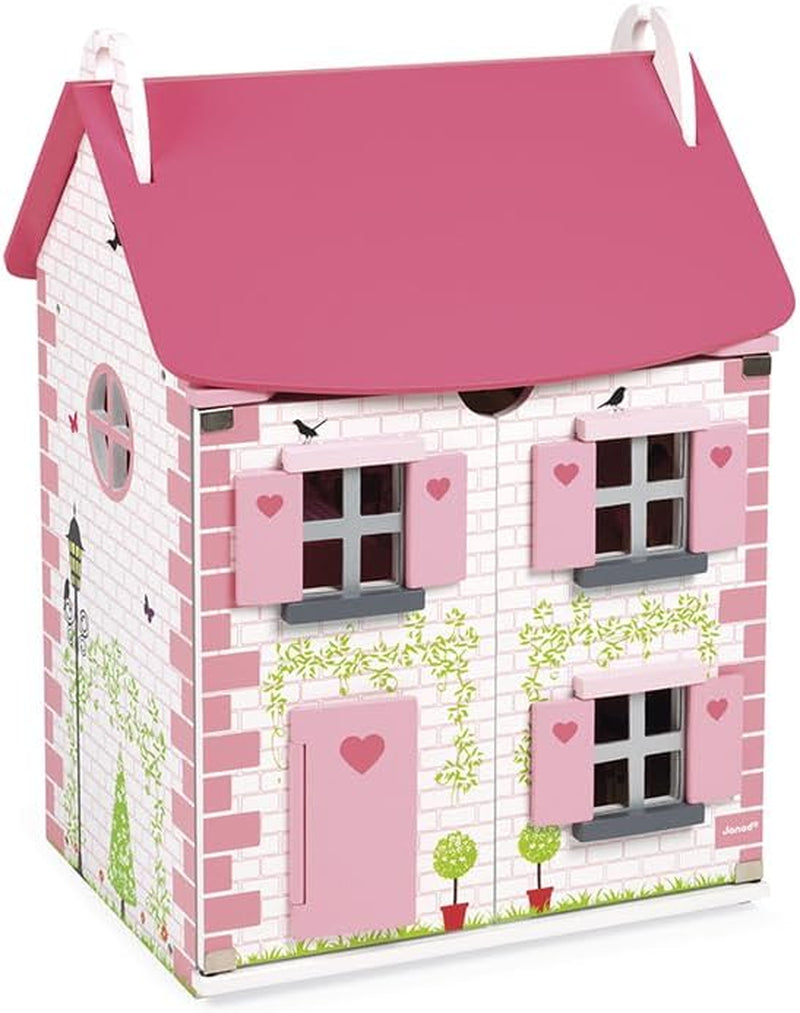 Janod - Casa delle bambole in legno Mademoiselle, 3 piani e 11 accessori, giocattolo replica, sviluppa l'immaginazione, dai 3 anni in su, J06581, Pink Naty Shop Dollhouses