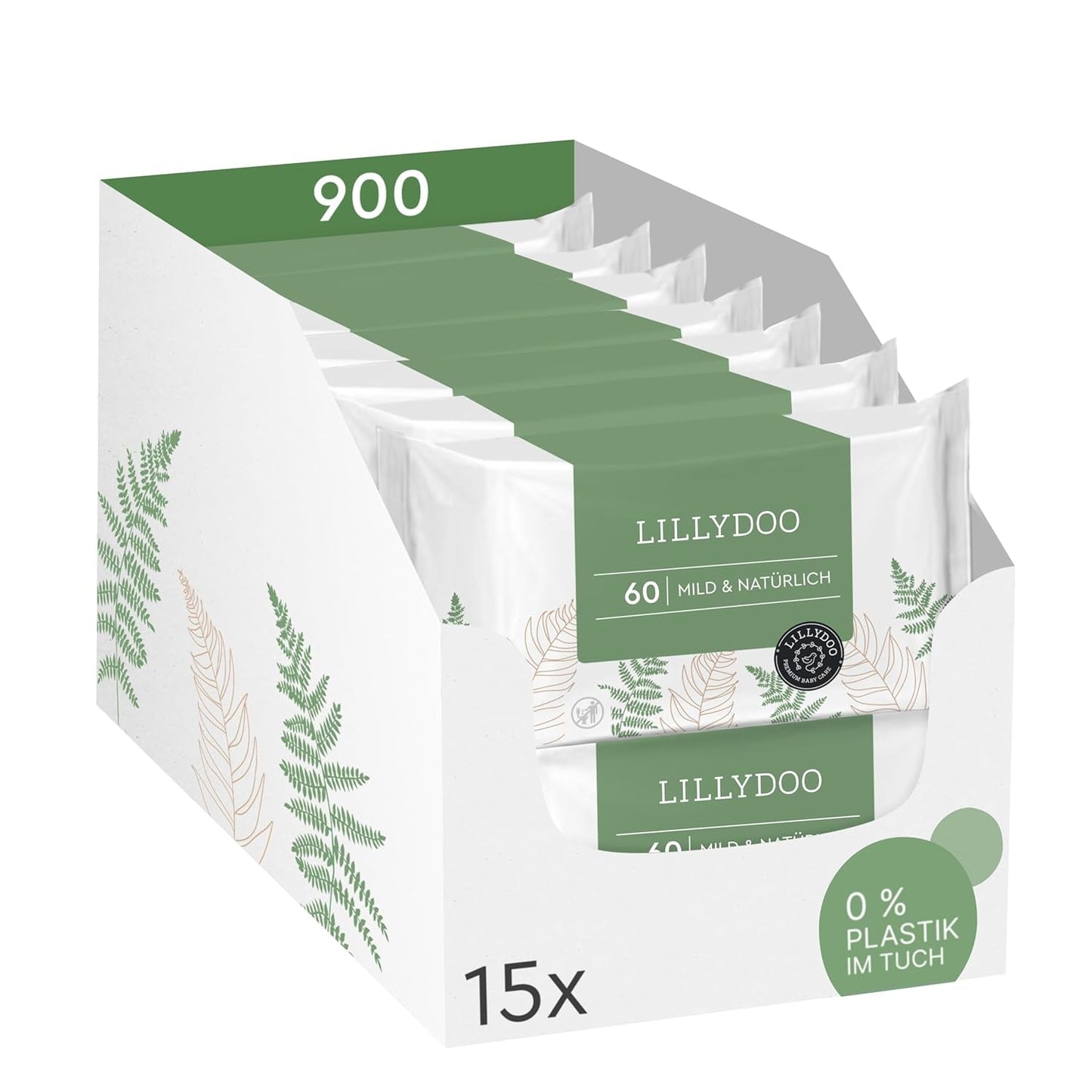 LILLYDOO Salviette umidificate Green, 600 salviette (10 x 60), salviette resistenti allo strappo 100% senza plastica - Senza profumo, delicate e naturali, detergenti delicati per pelli sensibili, dermatologicamente testate