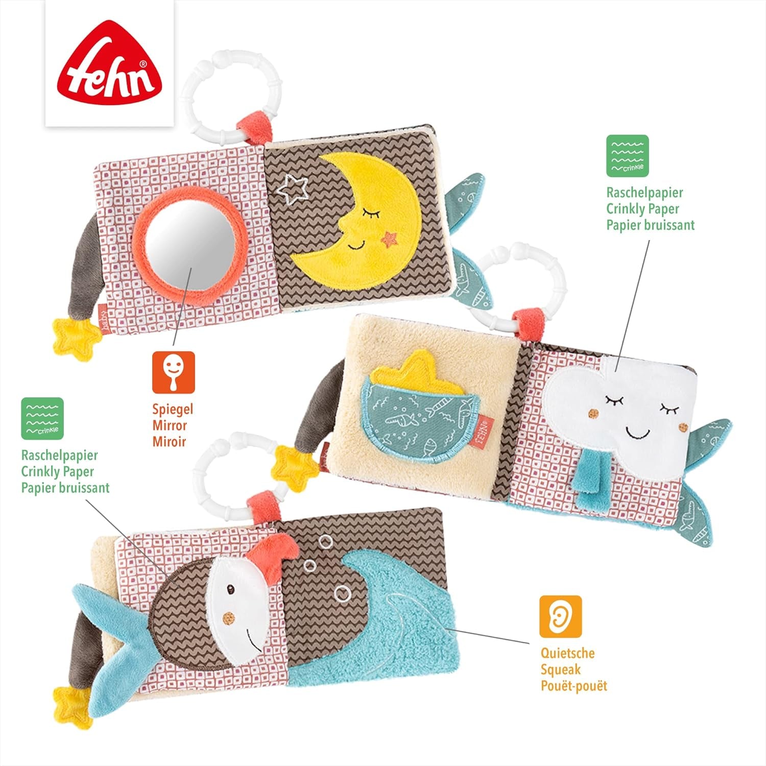 Fehn Guanto da gioco Safari - Marionette da dito Giocattolo per bambini Scimmia ed elefante da afferrare e fare rumore & Libro illustrato morbido Bruno - Libro tattile per bambini con motivi di animali Giocattoli per bambini Naty Shop