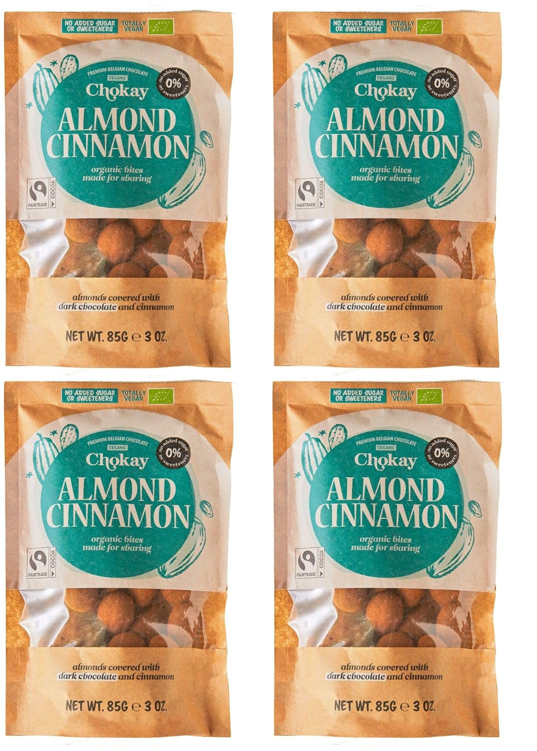Set di 4 bocconcini biologici - Mandorle alla cannella/Mandorle alla cannella in cioccolato fondente belga/Senza zuccheri aggiunti, senza dolcificanti/VEGAN e COMMERCIO EQUO / 4 x 85 g