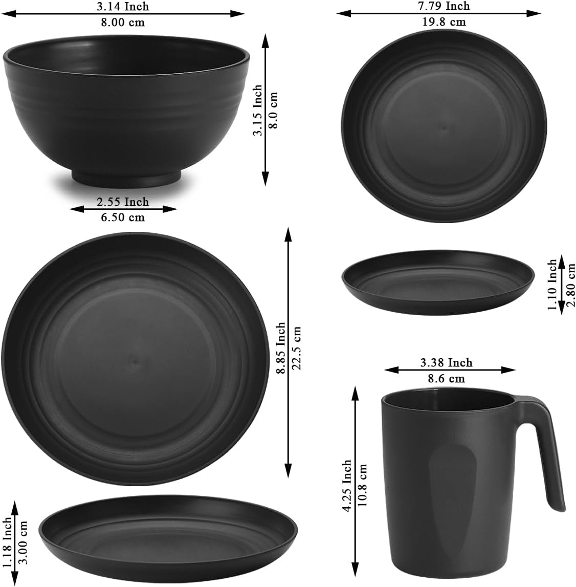 Berglander Set di stoviglie in plastica nera da 24 pezzi per 6 piatti e ciotole riutilizzabili, inclusi piatti piani, piatti da dessert, ciotole per cereali e tazze per casa, giardino e picnic