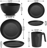Berglander Set di stoviglie in plastica nera da 24 pezzi per 6 piatti e ciotole riutilizzabili, inclusi piatti piani, piatti da dessert, ciotole per cereali e tazze per casa, giardino e picnic