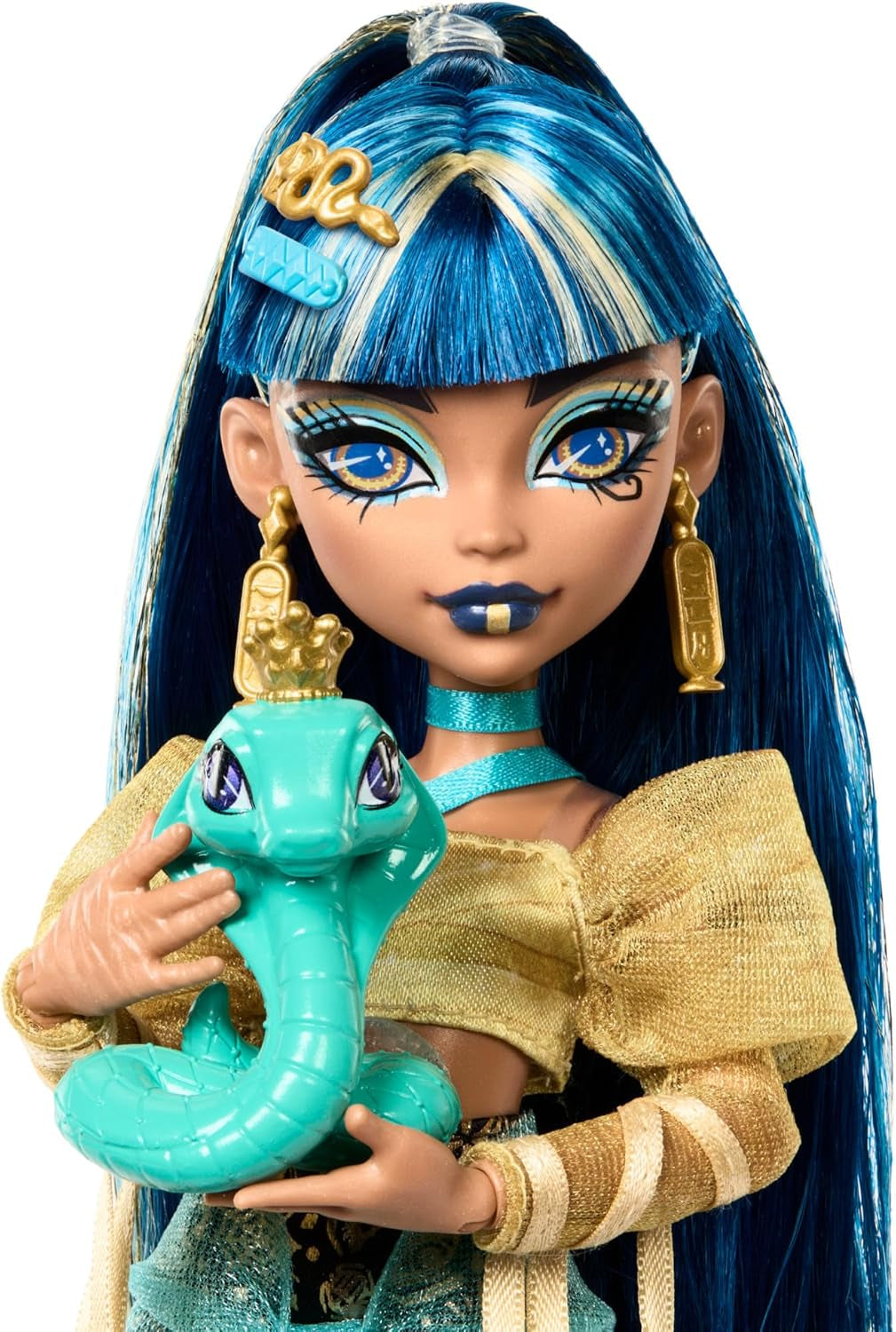Monster High - Cleo De Nile, bambola con camicetta dorata e gonna a strati, include l'animale Cobra Hissette e accessori come zaino, snack e rotolo di carta, HXH74 Naty Shop Dolls