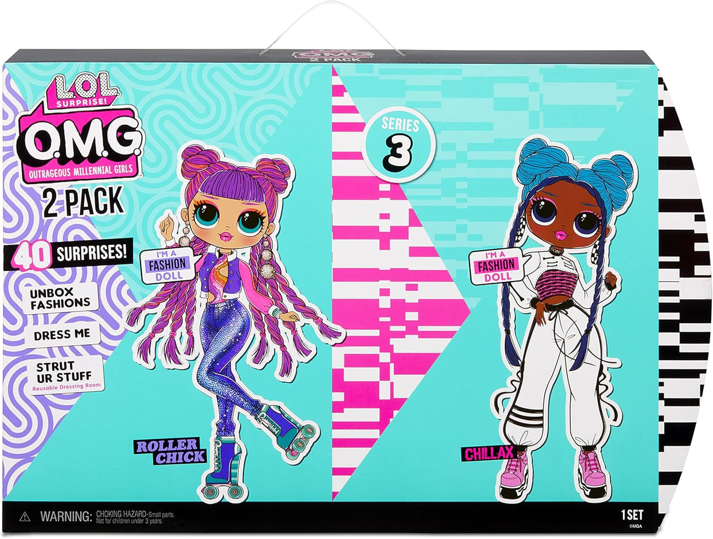 LOL Surprise OMG Fashion Doll 2er-Pack ROLLER CHICK & CHILLAX - Puppen esclusivo con 40 Überraschungen inkl. Abiti e accessori - Set di giochi di confezione 2 in 1 - Serie 3 - Für Kinder ab 4 Jahren