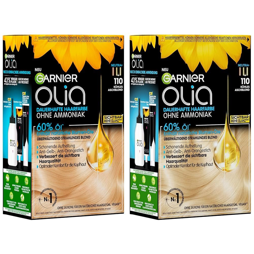 Garnier Olia 110 Biondo Cenere Freddo Tinta Permanente Senza Ammoniaca con Oli Naturali Nutrienti Copertura Totale Tinta Permanente per Capelli Grigi 1 Pezzo (Confezione da 2) Naty Shop Hair Color Titolo predefinito