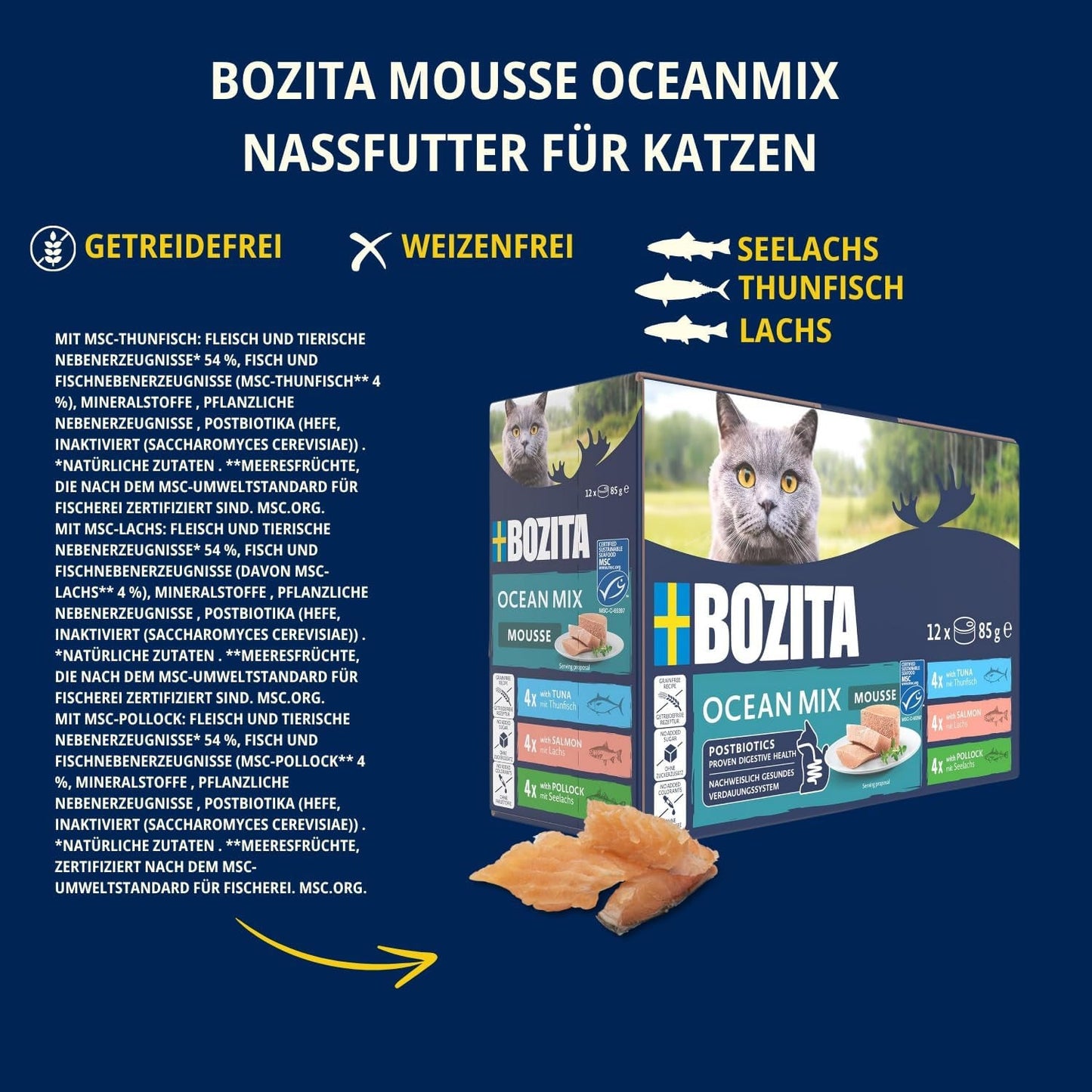 Bozita Mousse Ocean Mix - 12 x 85g cibo umido per gatti con tonno, salmone o merluzzo giallo - senza cereali, senza zucchero e coloranti artificiali - con postbiotici per una flora intestinale sana