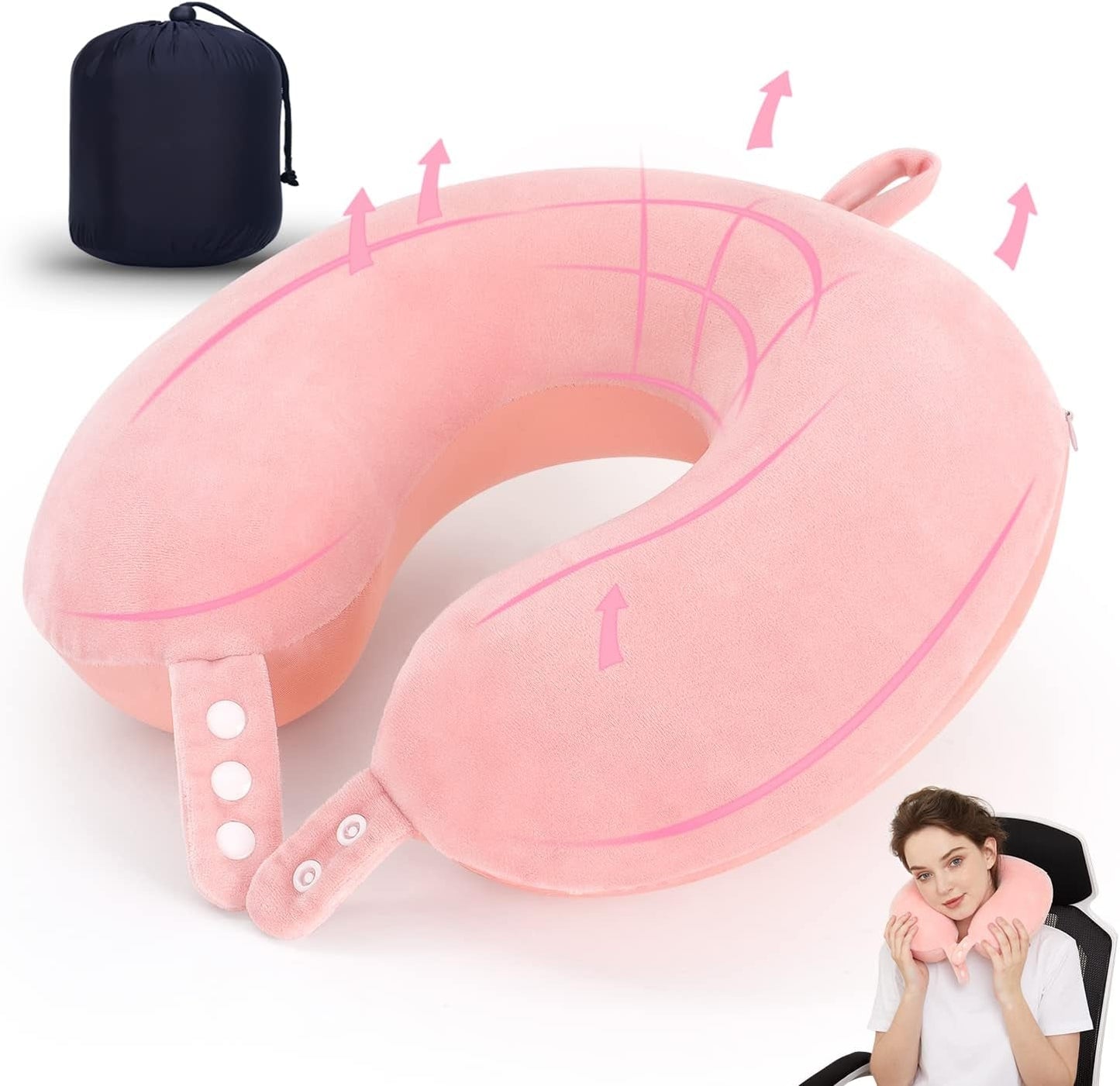 TALLGO Cuscino da Viaggio per Collo, Il Miglior Cuscino per Aereo in Memory Foam per Poggiatesta, Cuscino Morbido Regolabile per Aereo, Auto e Casa, Cuscini Ortopedici Cervicali Rosa Naty Shop Pink Standard