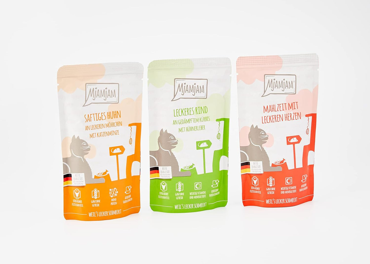 MjAMjAM - Cibo umido premium per gatti - Confezione mista I - Pollo, manzo, cuori Confezione da 12 (12 x 125 g), senza cereali con carne extra