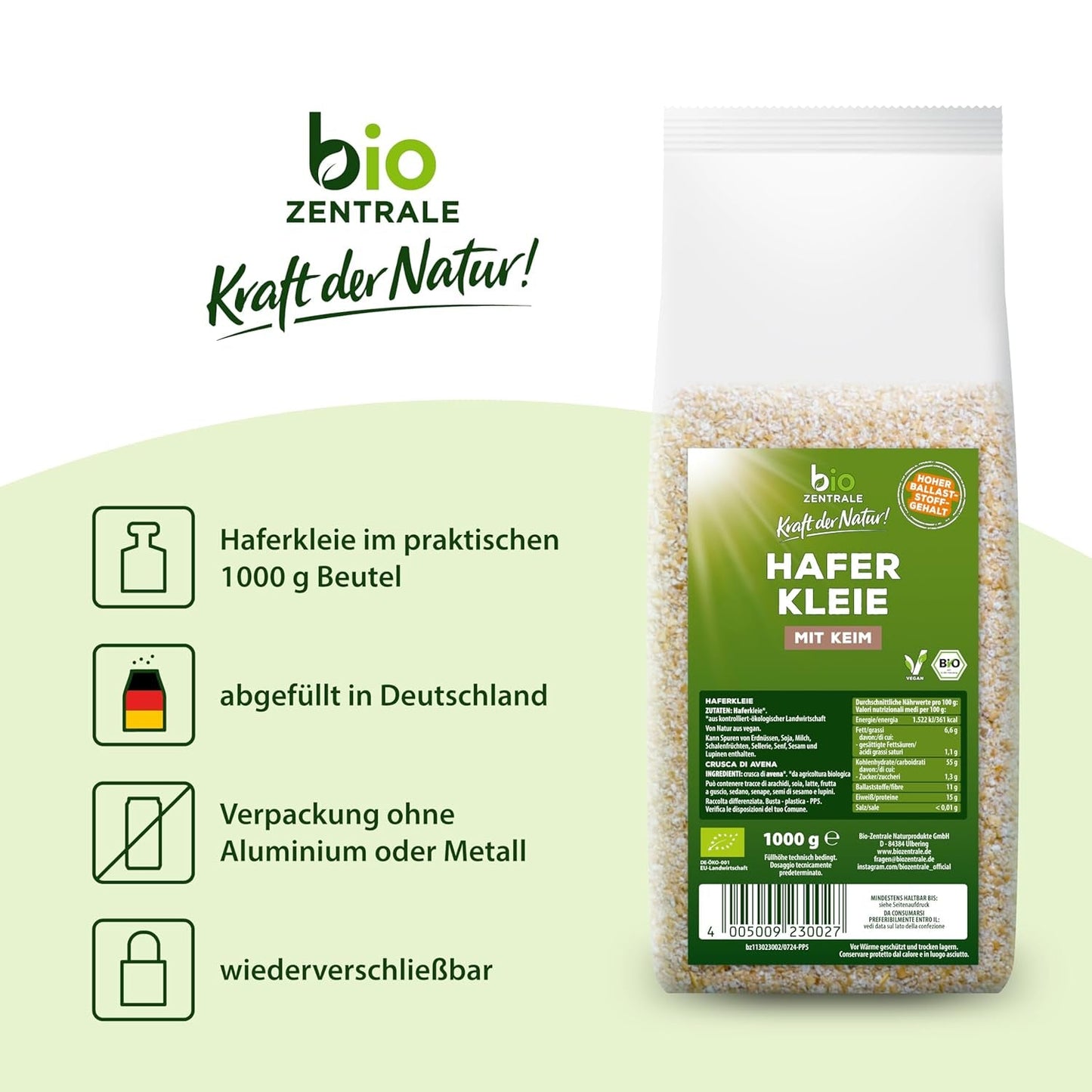 Crusca d'avena biologica Biocentral 1 kg | Pacchetto vantaggioso | Fonte proteica ad alto contenuto di fibre | Naturalmente vegano | Dall'agricoltura dell'UE | Basso contenuto di zucchero