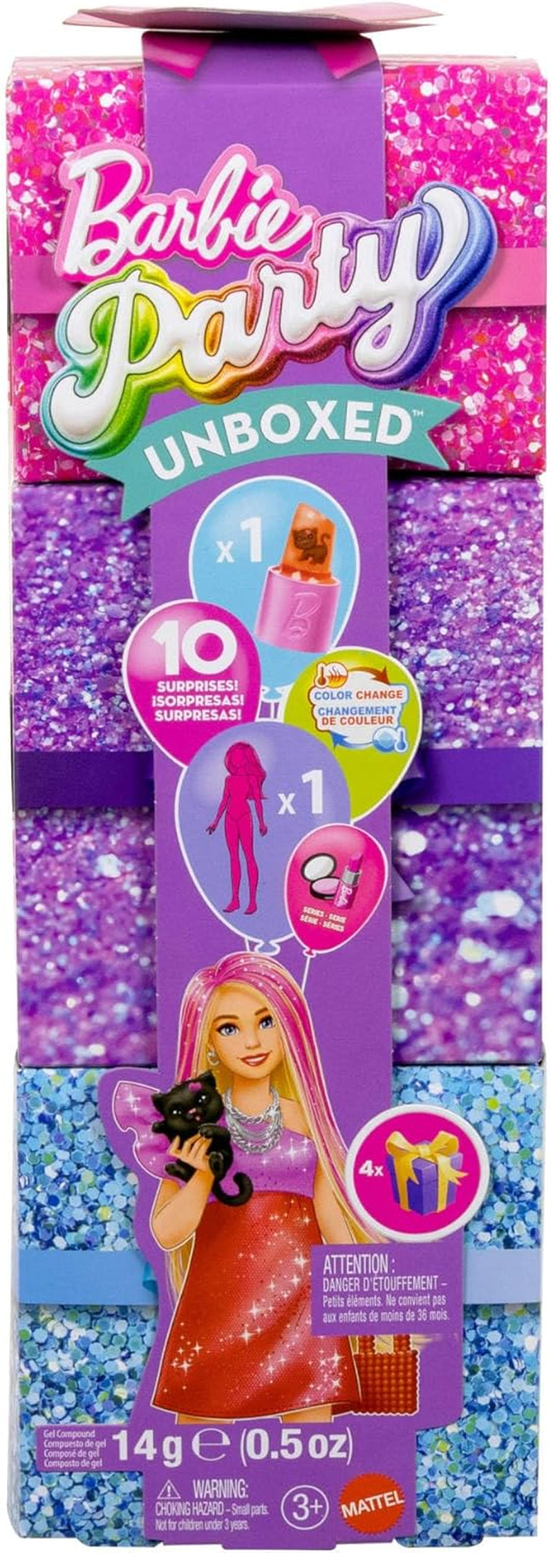 Bambola Barbie Party senza scatola e accessori, serie Glam Party con 10 sorprese, inclusa una bambola rosso vivo con effetto cambia colore, JFY68