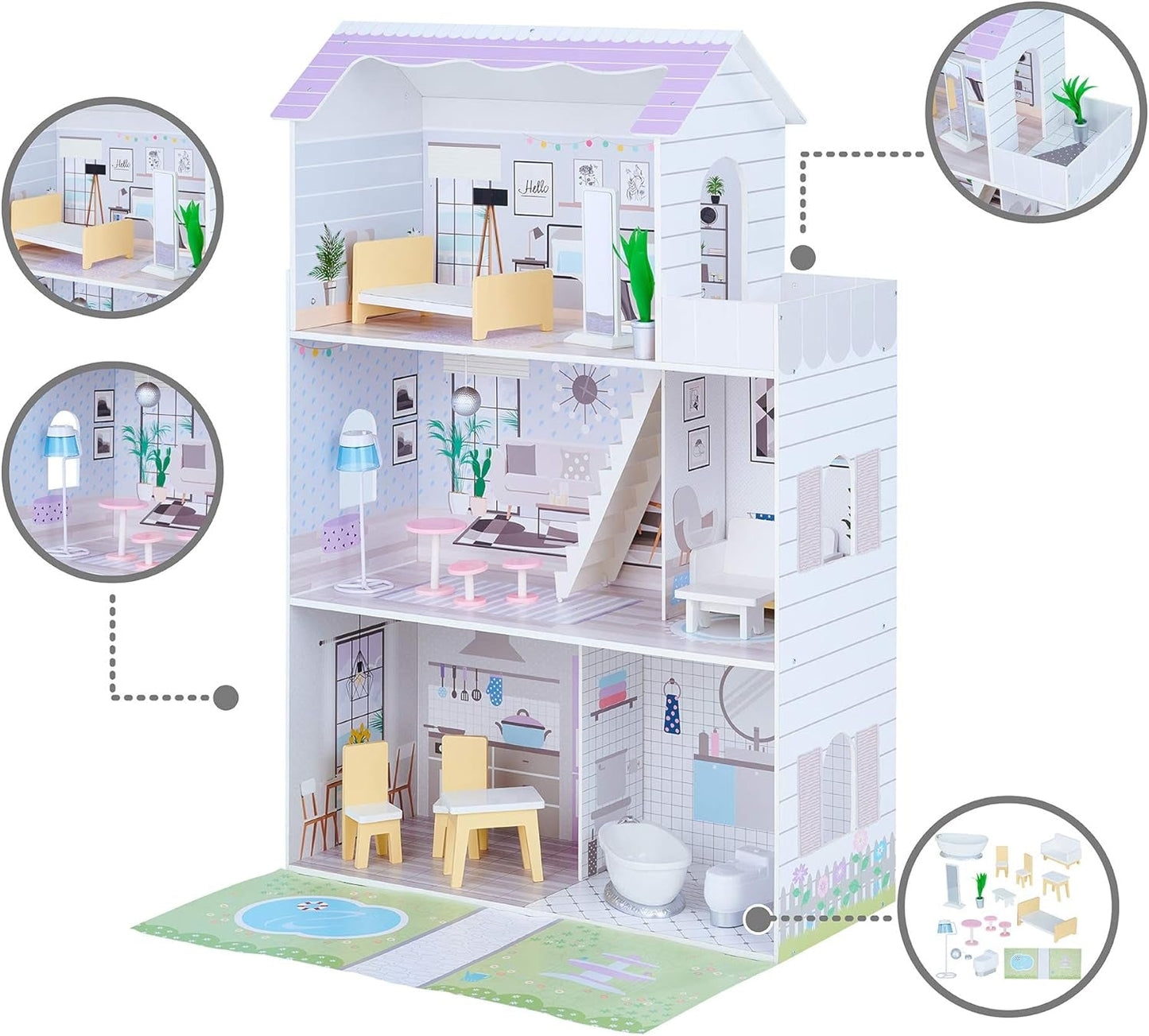 Teamson Kids Olivias Little World Casa delle Bambole Gigante con 16 Accessori per Bambole, Casa delle Bambole in Legno con Mobili, 3 Piani, Casa delle Bambole per Bambole da 12 Pollici/30 cm, Età 3 Anni+ Naty Shop Case delle Bambole