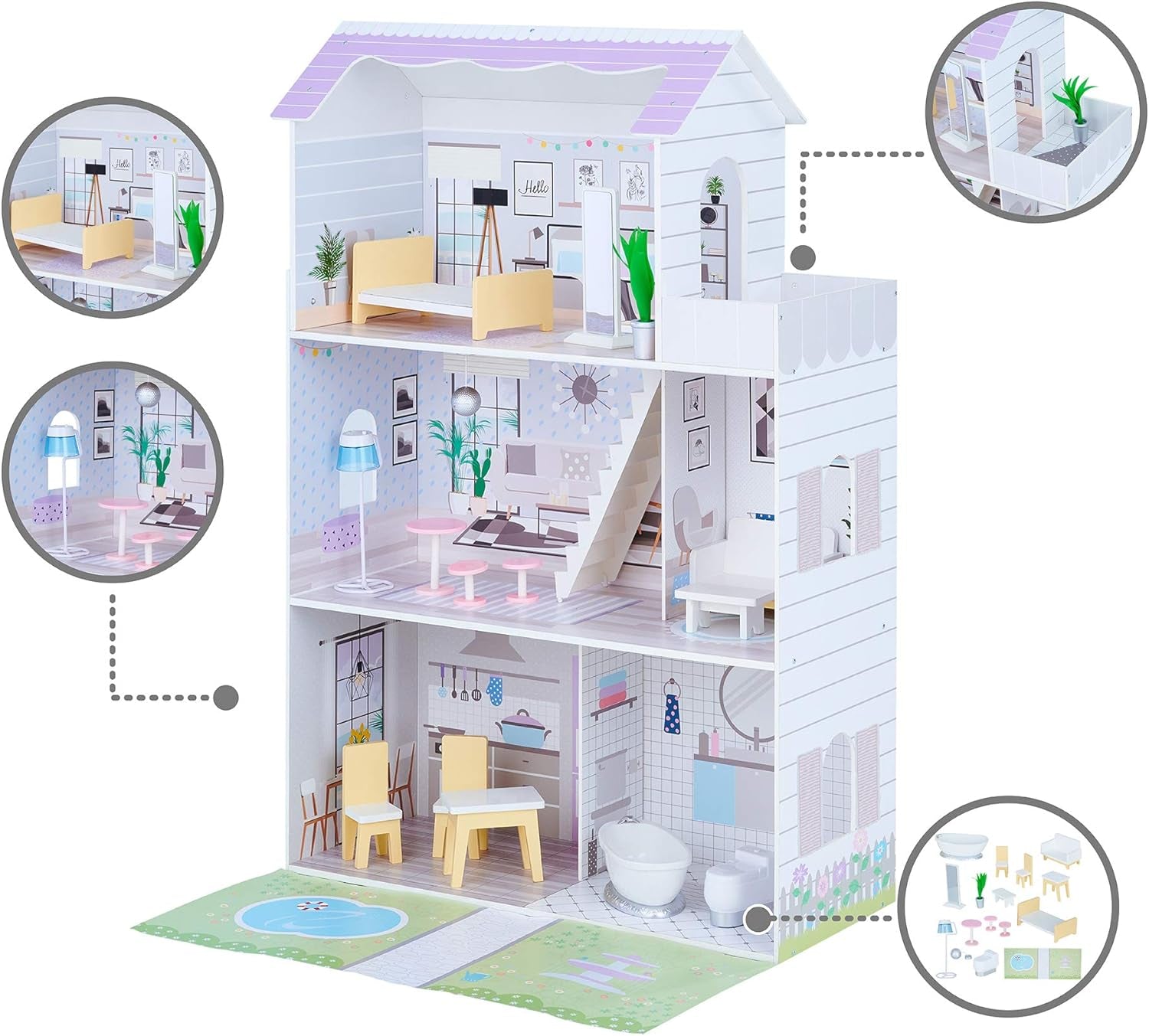 Teamson Kids Casa delle bambole gigante Olivia's Little World con 16 accessori per bambole, casa delle bambole in legno con mobili, casa delle bambole a 3 piani, 30 cm, per bambini, dai 3 anni in su