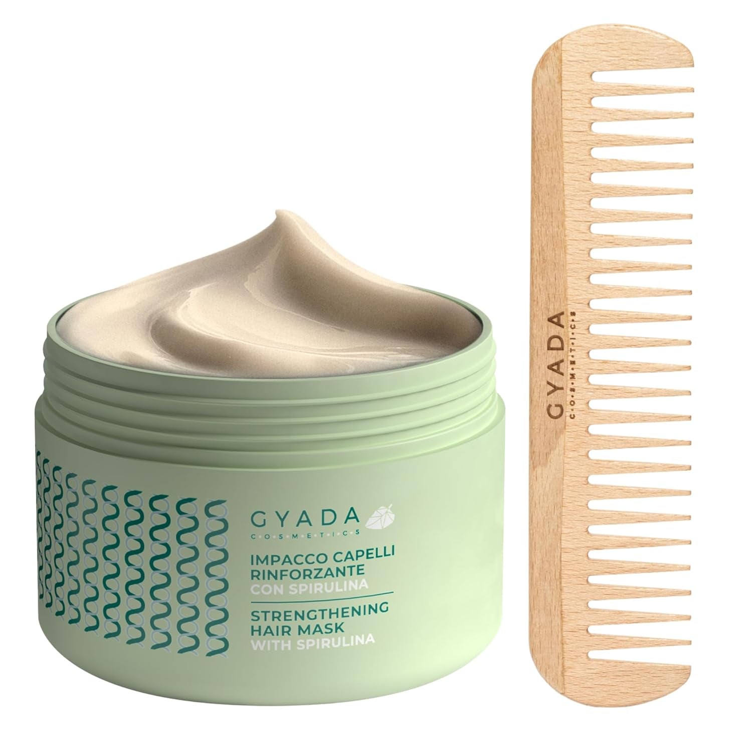 GYADA COSMETICS Spirulina Pacchetto Rinforzante per Capelli Nutriente Anticaduta Doppie Punte Funziona 250ml + Pettine in Legno di Faggio Ideale per Districare Tutti i Tipi di Capelli Naty Shop Maschera per Capelli Titolo predefinito