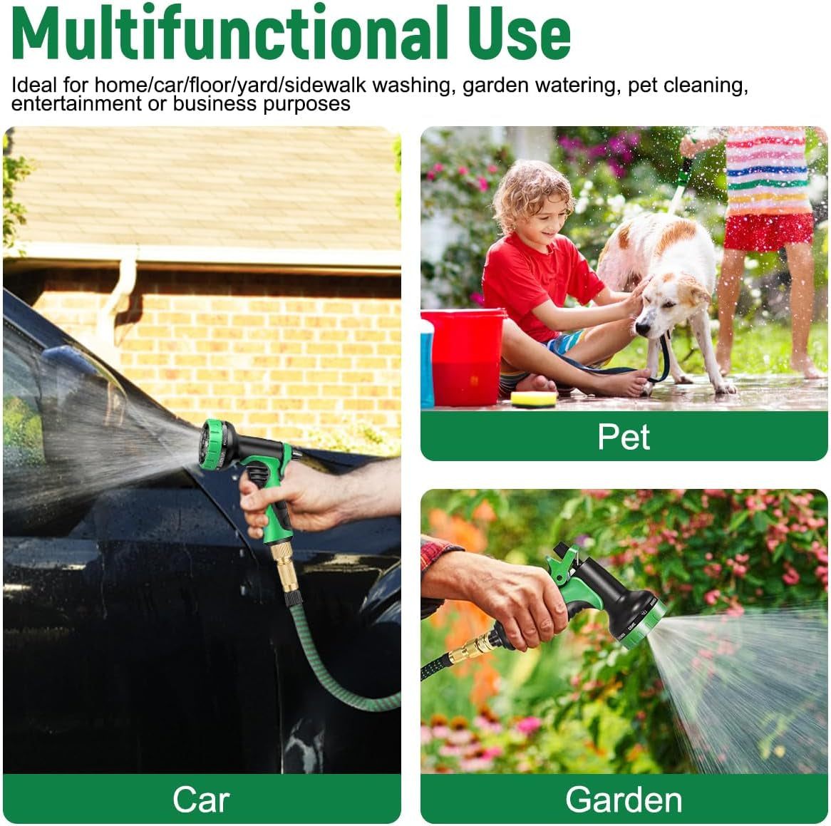 Tubo da giardino flessibile verde da 30 m/100 piedi con ugello di spruzzatura e connettori in ottone da 3/4" e 1/2" 10 funzioni Tubo dell'acqua estensibile a 3 pieghe senza attorcigliamenti per pavimento da giardino, patio, auto