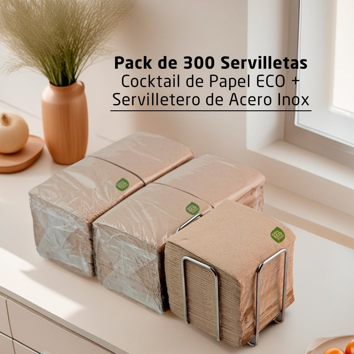 Confezione da 300 tovaglioli di carta da cocktail, 100% riciclabili e biodegradabili, porta tovaglioli in acciaio inossidabile, tovaglioli ecologici, 10 x 10 cm, piegati.