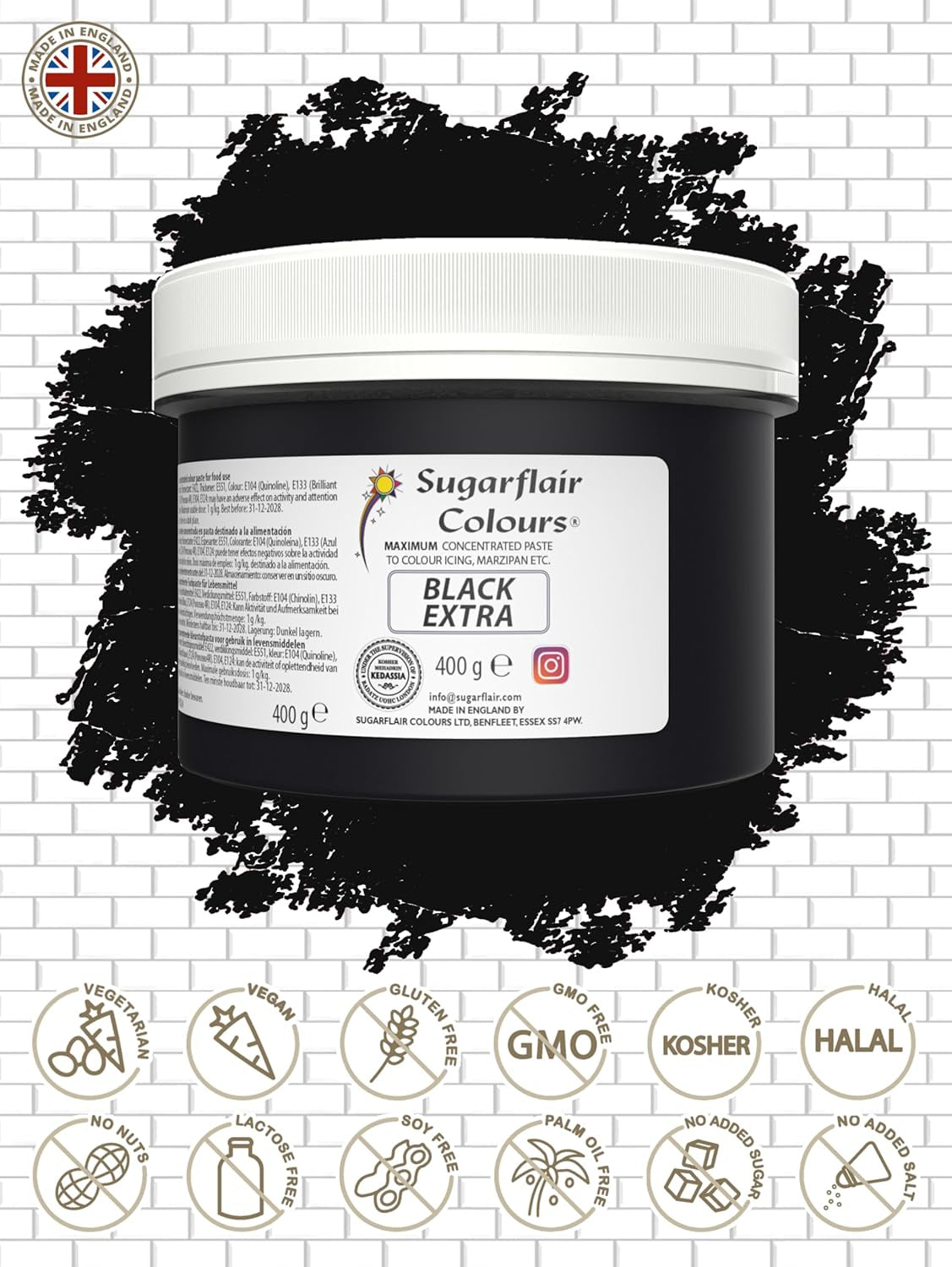 Colorante alimentare Sugarflair Max Concentrated Black, colorante alimentare altamente concentrato per marzapane e fondente, colorante in pasta Max Concentrate - 400 g