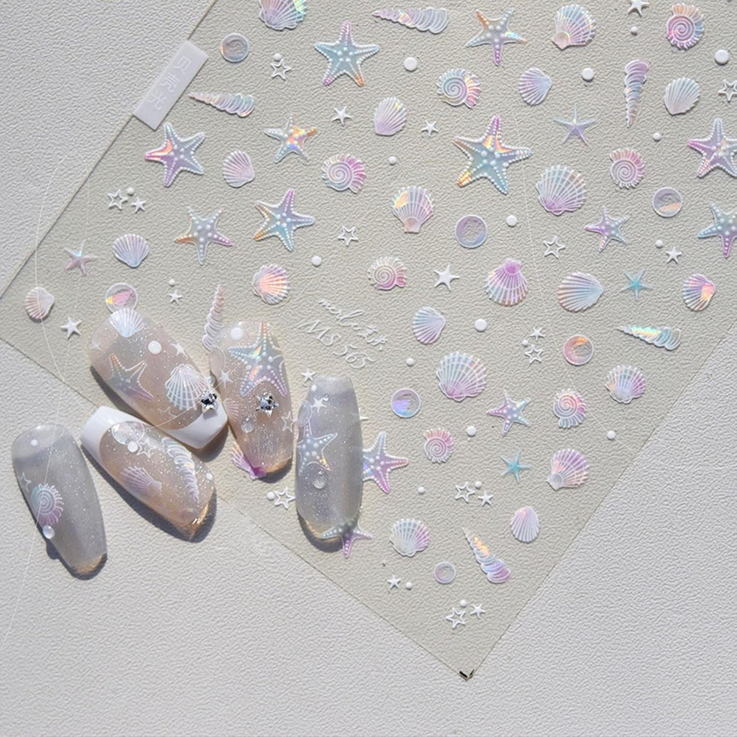 JMEOWIO 3D Nagelsticker Aurora Muschel Seestern Nail Art Sticker Self-klebend Nagelaufkleber 5D Stereoscopico Ozean Thema Dekoration Nageldesign Zubehör 1 Blatt