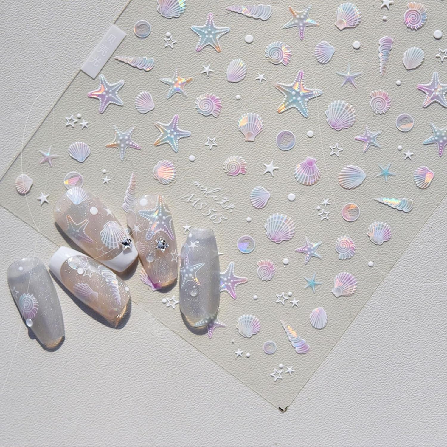 JMEOWIO 3D Nagelsticker Aurora Muschel Seestern Nail Art Sticker Self-klebend Nagelaufkleber 5D Stereoscopico Ozean Thema Dekoration Nageldesign Zubehör 1 Blatt