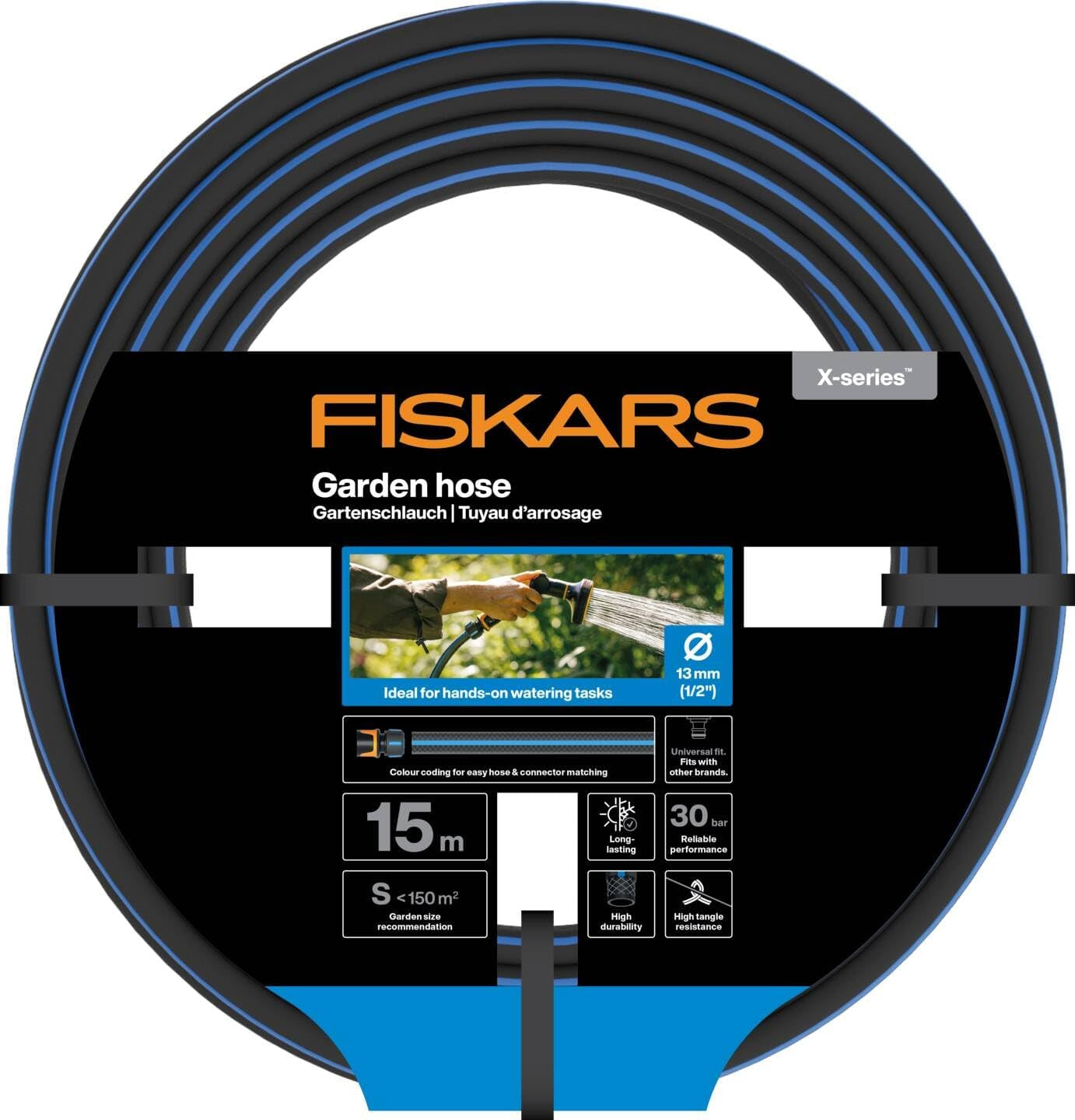 Fiskars S Tubo da giardino, Serie X, Tubo dell'acqua per irrigazione manuale, 13 mm (1/2"), Lunghezza: 15 m, Collegamento universale, Protezione UV, Protezione antigelo, Resistente alla torsione, Blu, 1076044