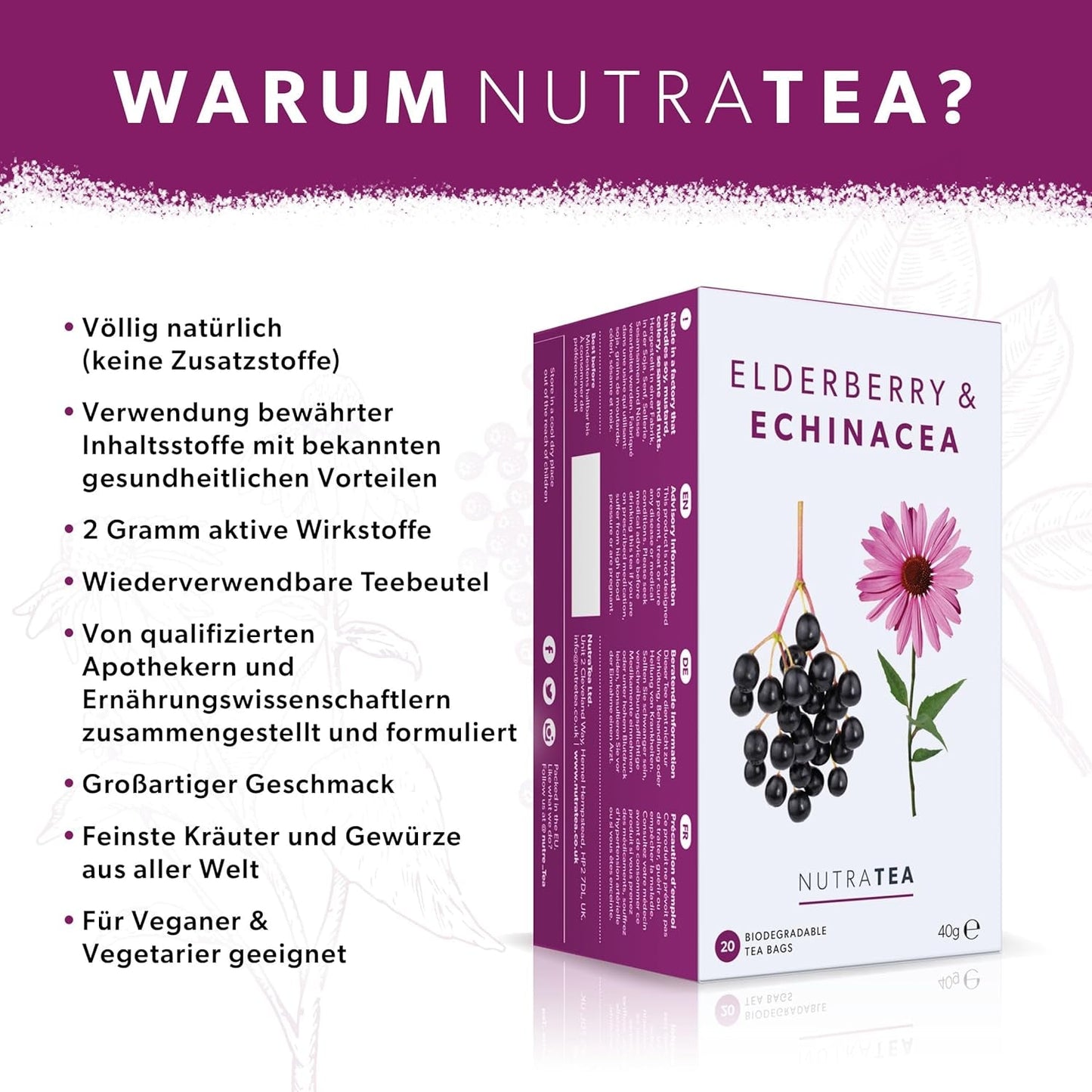 Nutra Tea Sambuco ed Echinacea, Tè per l'immunità e il raffreddore, Tè per il supporto immunitario, Lotta al freddo, 20 bustine di tè riutilizzabili, Tisana naturale