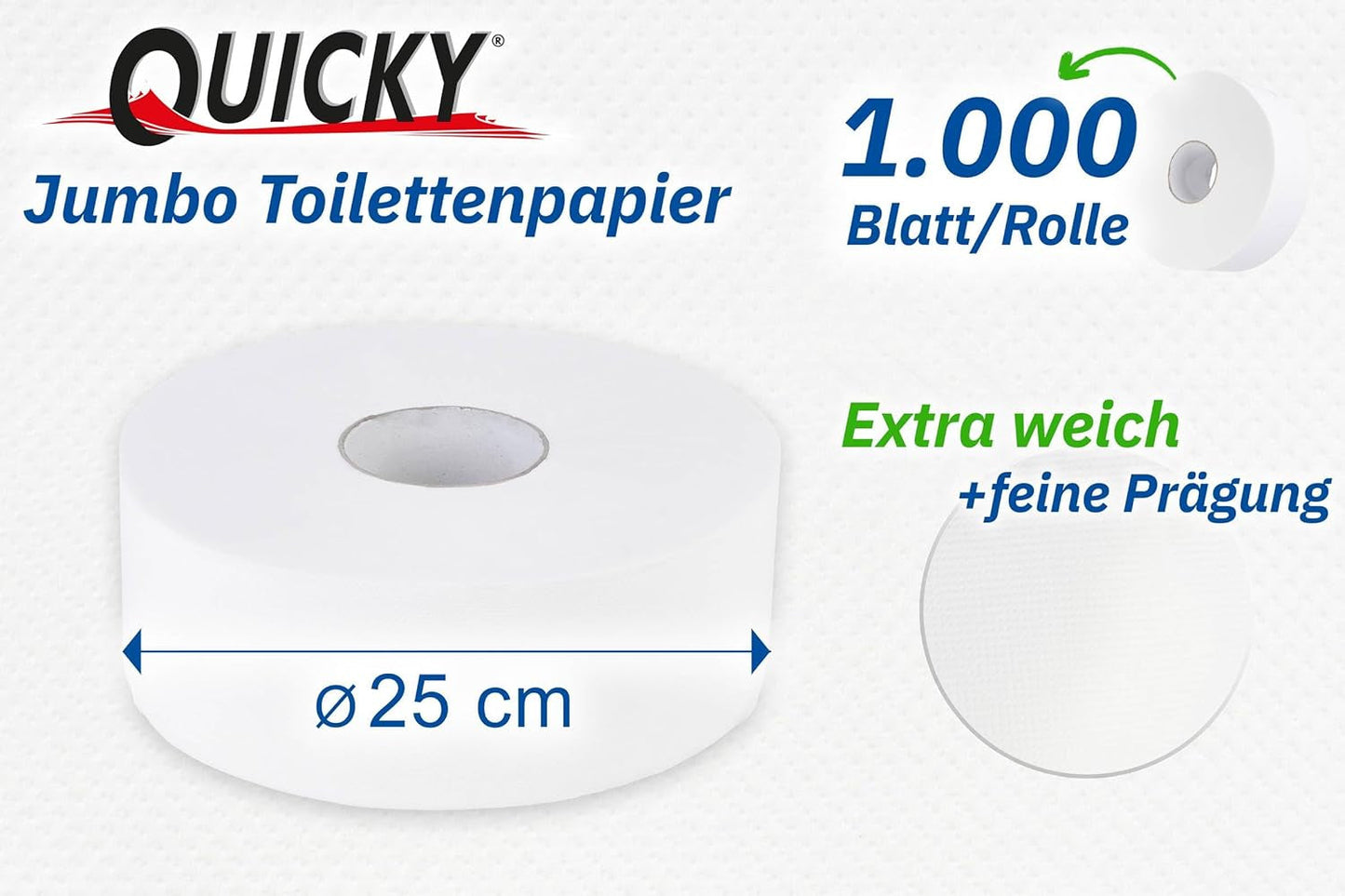 Carta Igienica Quicky Jumbo 2 Veli, Ø 25 cm, Bianco Brillante, Goffrata Puntini Fini, 6 Rotoli - assorbente e antistrappo per la massima igiene, ideale per enti pubblici e industria