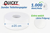 Carta Igienica Quicky Jumbo 2 Veli, Ø 25 cm, Bianco Brillante, Goffrata Puntini Fini, 6 Rotoli - assorbente e antistrappo per la massima igiene, ideale per enti pubblici e industria