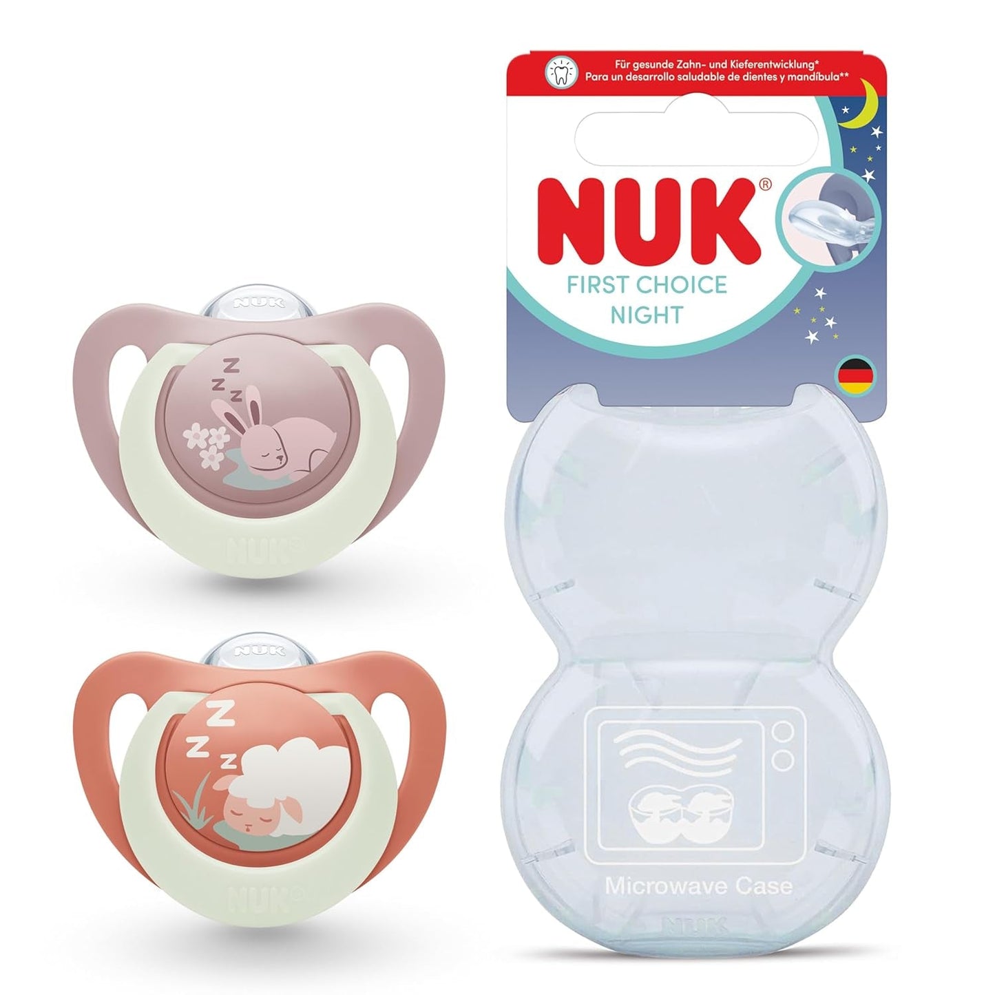 Ciuccio notturno per neonati NUK First Choice | 6-18 mesi | Ciucci ortodontici che si illuminano al buio | Lenisce il 99% dei bambini** | Coniglio/Pecora | Confezione 0-2