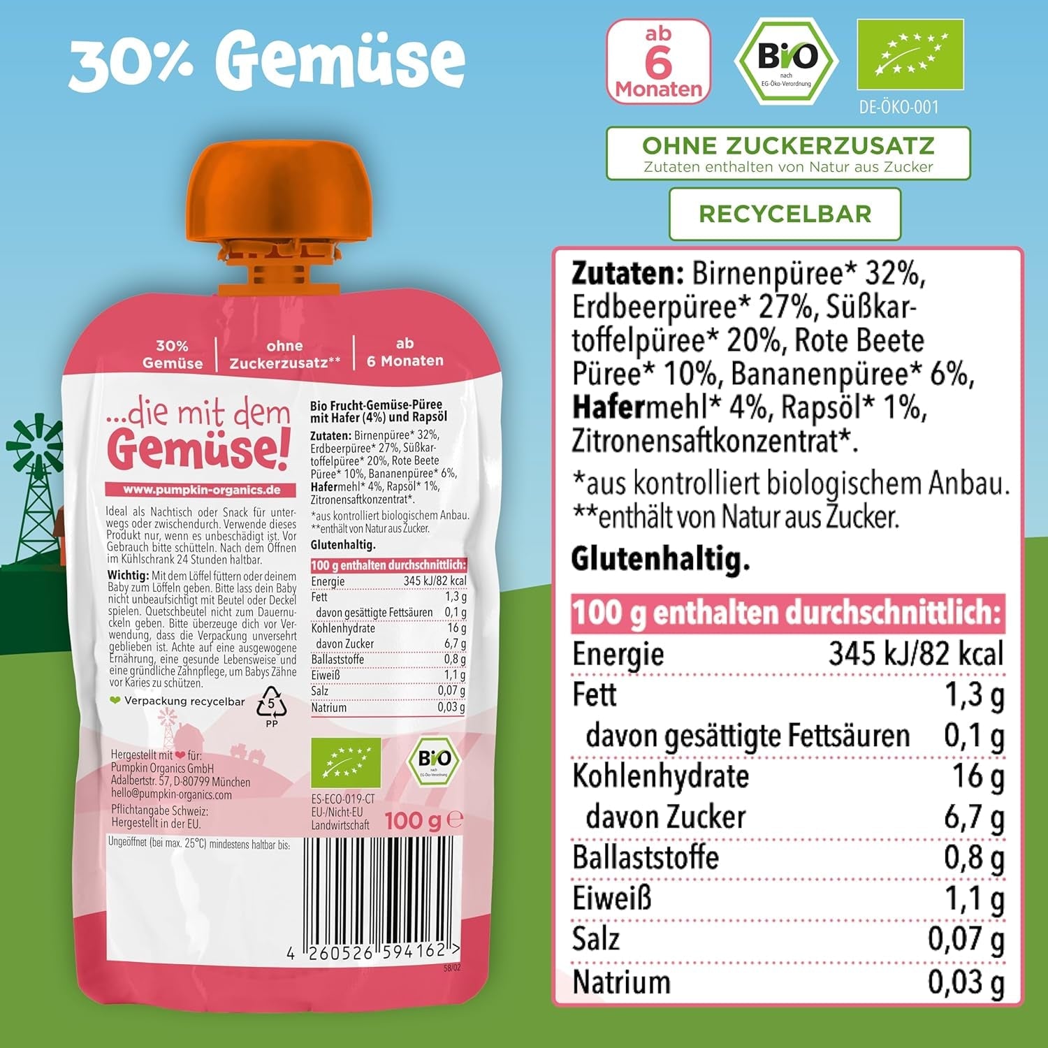 Pumpkin Organics buste di verdure e cereali biologici, confezione da 8: Pera, Fragole, Patate dolci, Barbabietola rossa, Banana, Avena - Senza zuccheri aggiunti¹ - Dai 6 mesi - come spuntino o alimento complementare nella confezione (8 x 100g)