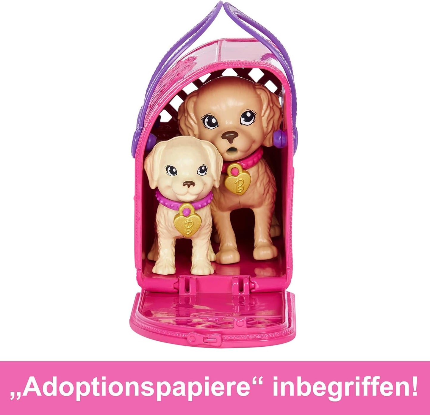 Barbie Puppy Adozione - Bambola e 2 cuccioli, con certificati di adozione, effetto cambio colore, gabbia e accessori, per bambini dai 3 anni in su, HKD 86